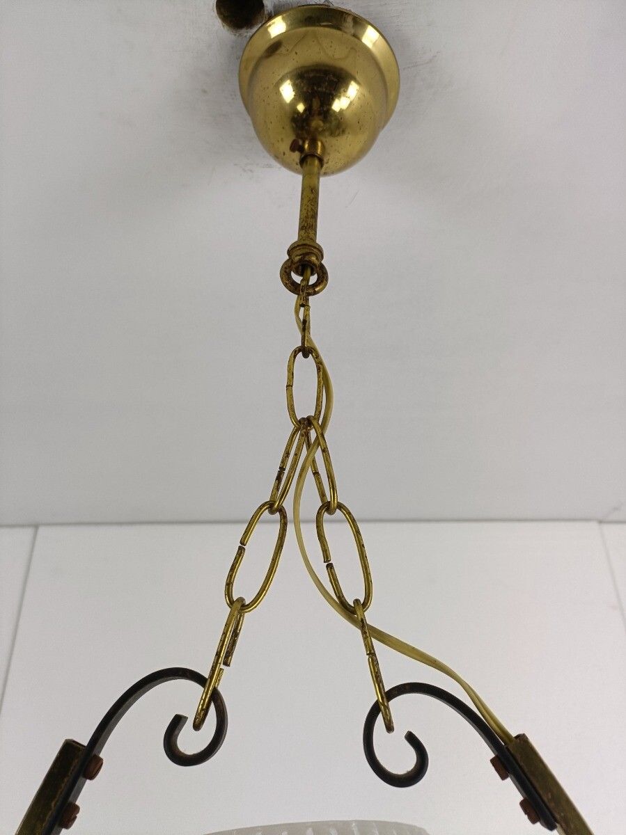 photo for sale Danish Modern Chandelier Pendant Teak Brass Opaline Glass Atomic Retro Pop Art