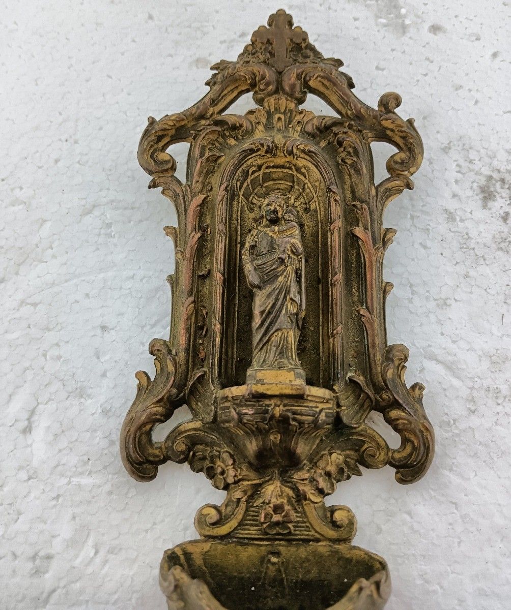 Holy Water Font Saint With Infant Jesus Spelter Antique Art Deco Wall Hanging photo for sale