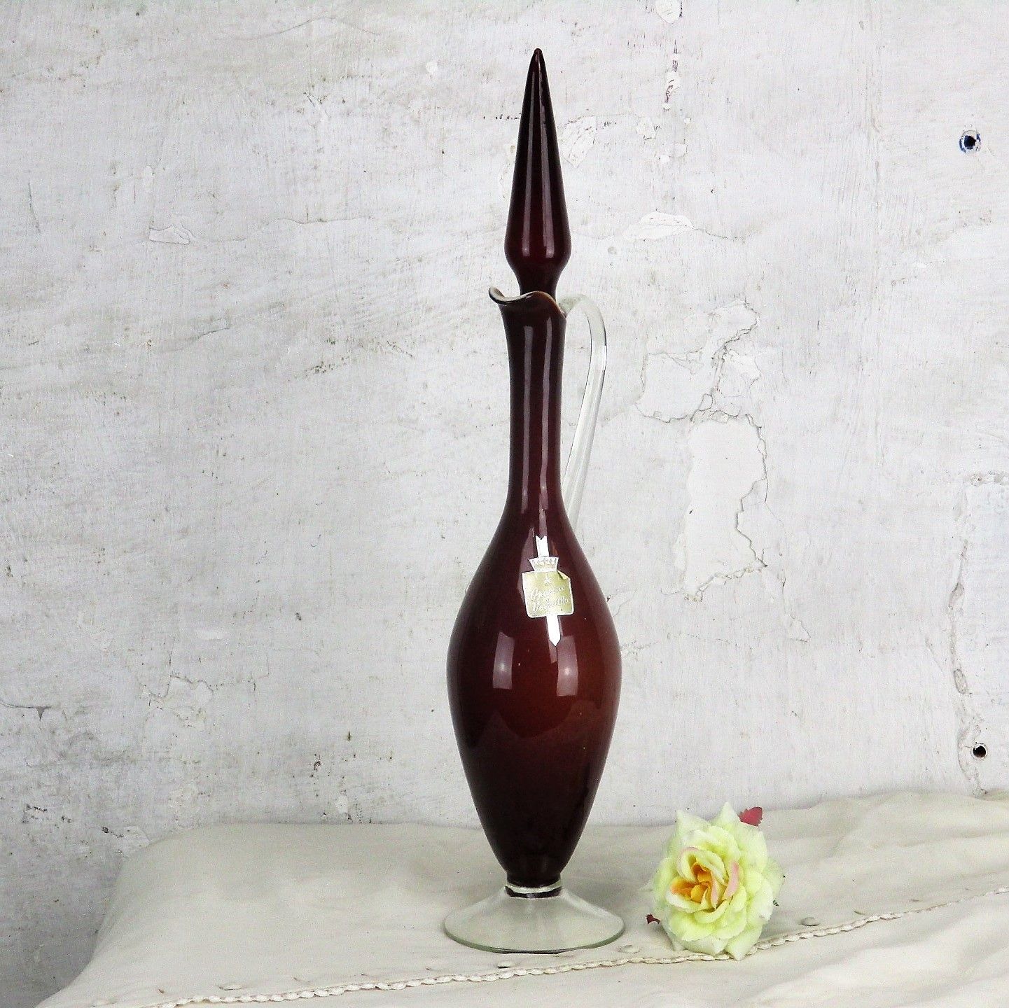 French Vintage Retro Opaline De Versailles Cased Glass Lid Bottle Vase Brown Red