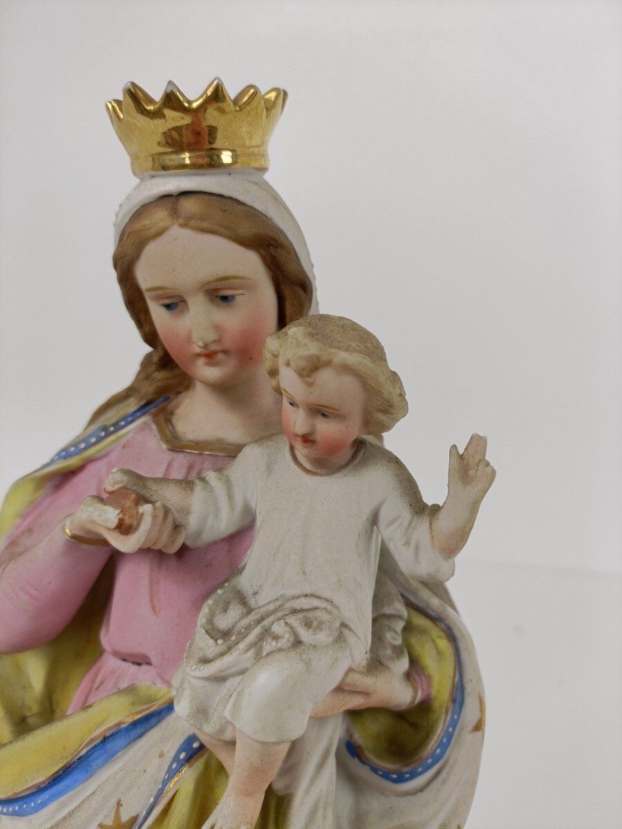photo furniture French Antique Bisque Statue  Virgin Mary Lady Madonna Infant Jesus Beautiful Fr