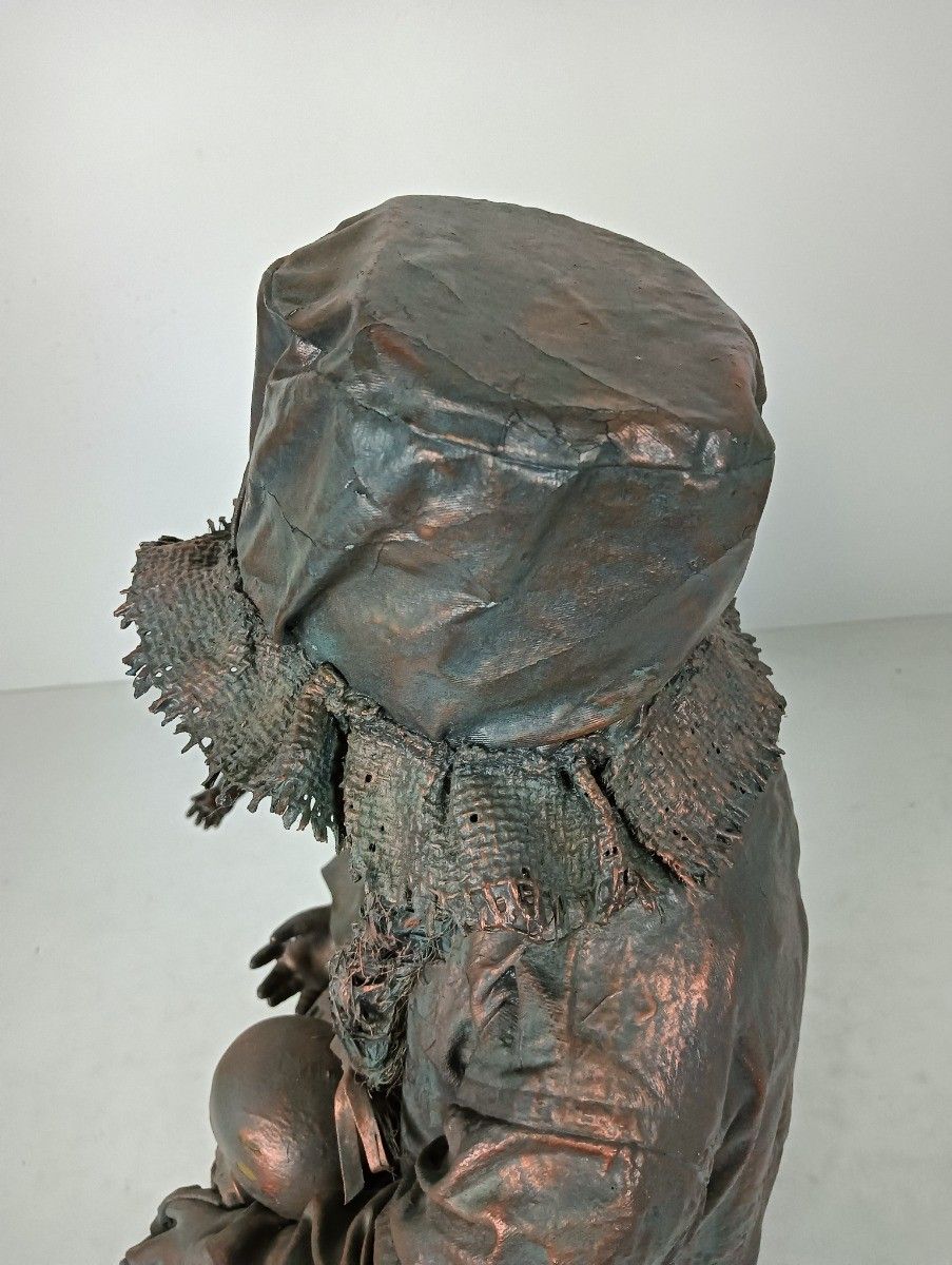Art Large Statue Hand Made Paper Mache Mother With Children Very Rare photo