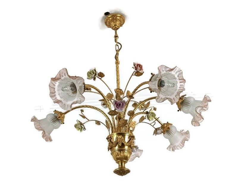 Gorgeous Chandelier Spelter Brass Porcelain Glass Shades Tulip Form Italian Flow