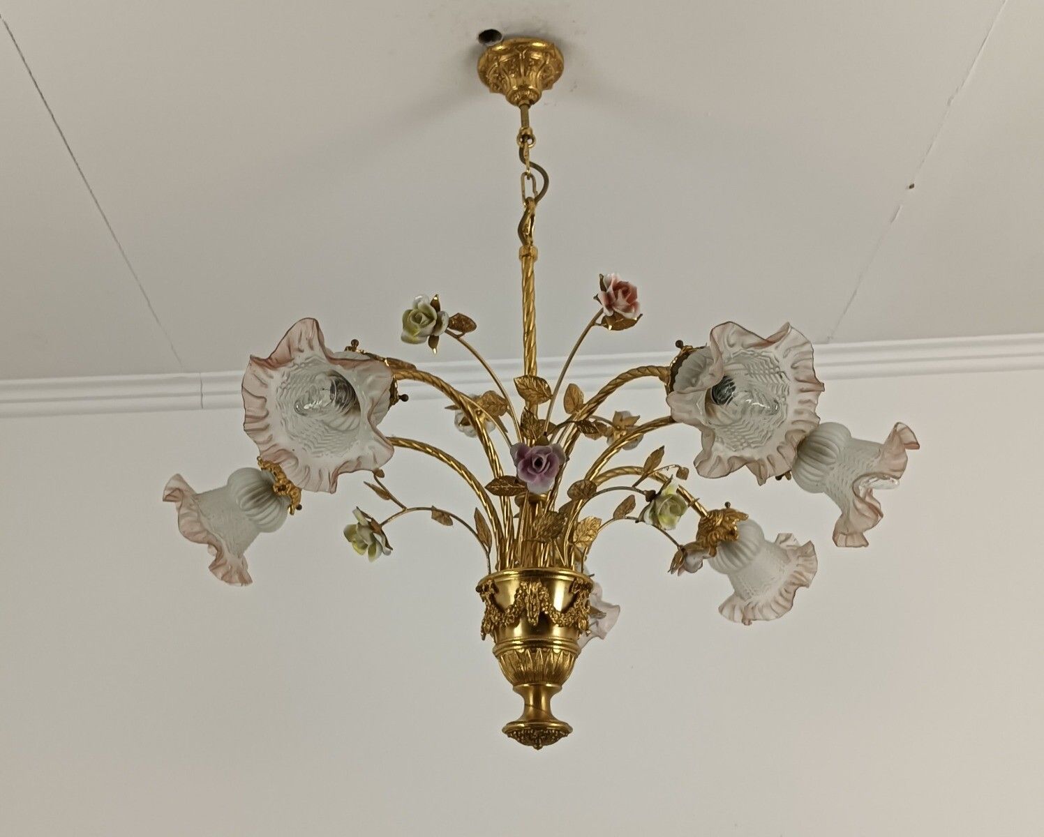 Gorgeous Chandelier Spelter Brass Porcelain Glass Shades Tulip Form Italian Flow photo furniture