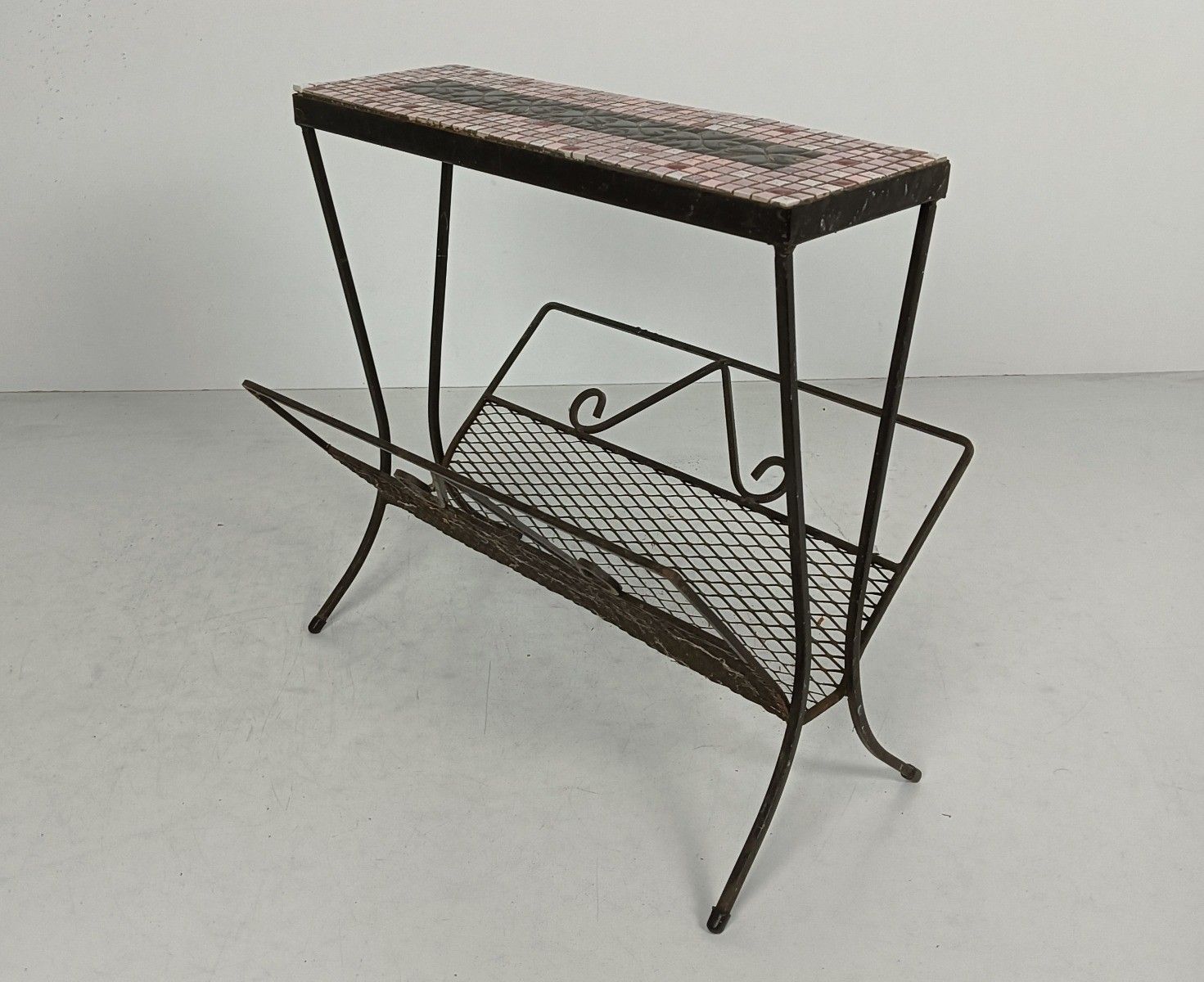 photo furniture Wrought Iron Mid Century Magazine Rack Newspaper Basket Side Table Mosaic Tiles