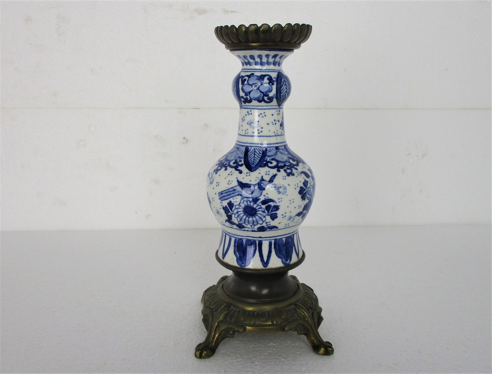 Vase Delft Holland Blue White Porcelain Brass Base And Top Centerpiece Candle Ho photo furniture