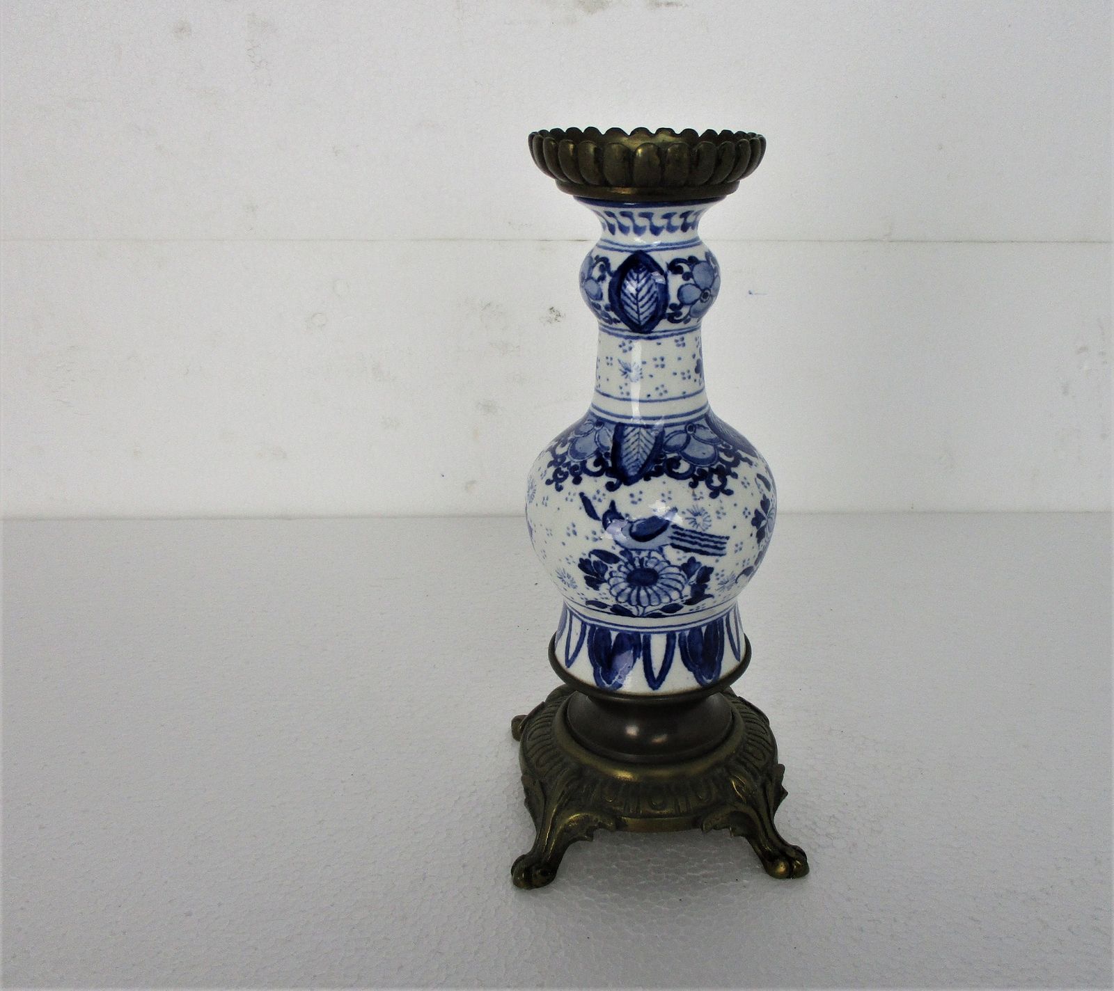 Vase Delft Holland Blue White Porcelain Brass Base And Top Centerpiece Candle Ho photo Home Decor