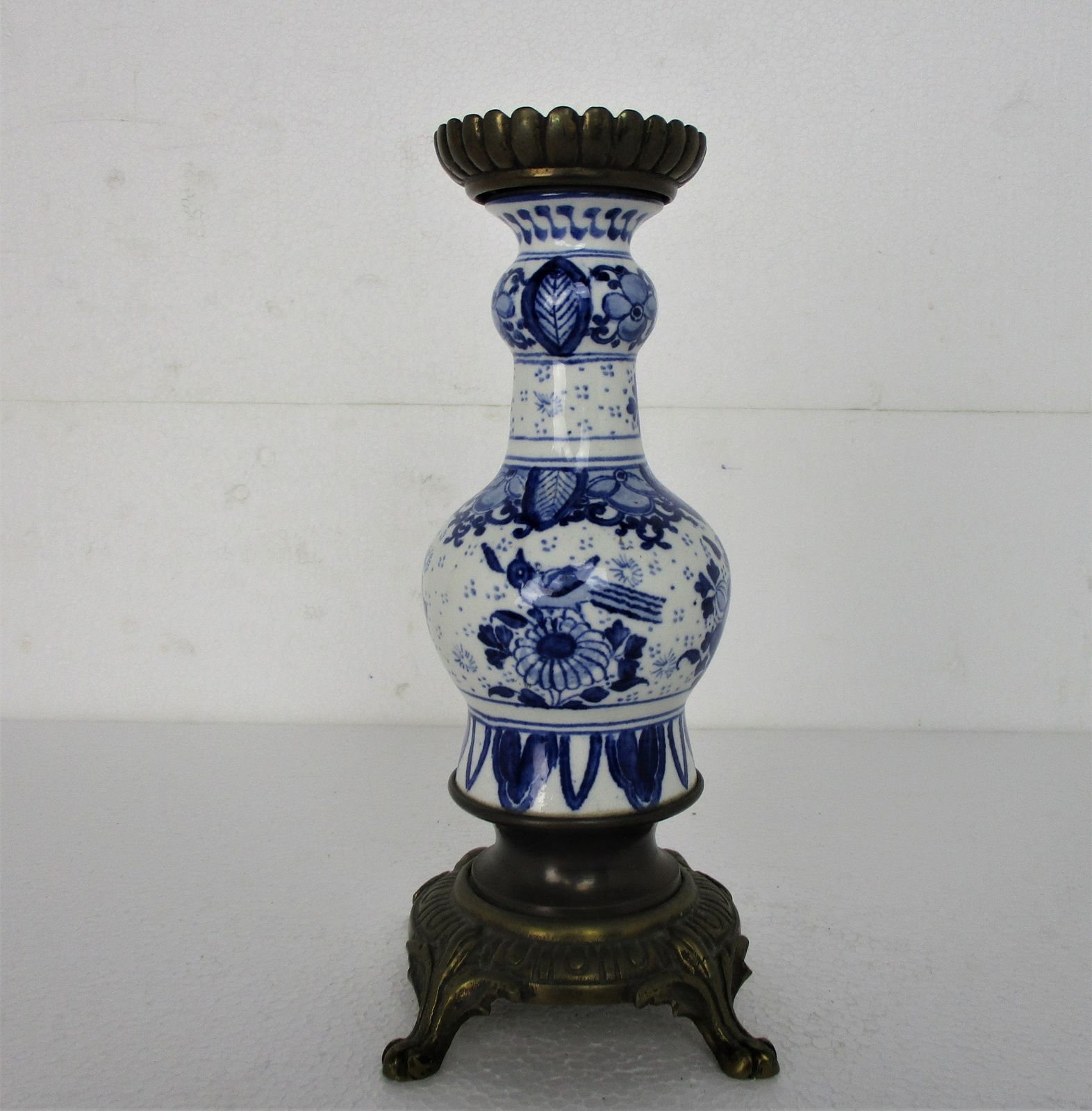 Vase Delft Holland Blue White Porcelain Brass Base And Top Centerpiece Candle Ho photo 154.0