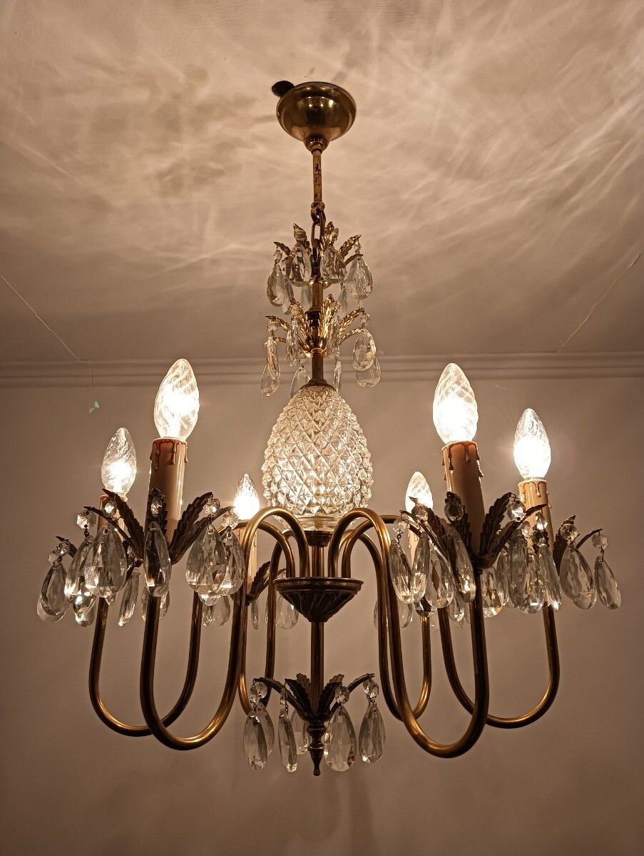 photo furniture Hollywood Regency Chandelier Crystal Pine Apple Brass Prisms Stunning 6 Lights