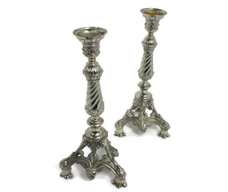 Pair Couple Gothic  Candle Holders Candlesticks  Lion Feet Ornate Embossed Spelt