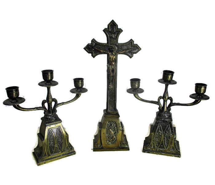 Altar Set Gorgeous Standing Crucifix With Two Candelabras Ornate Embossed Brass