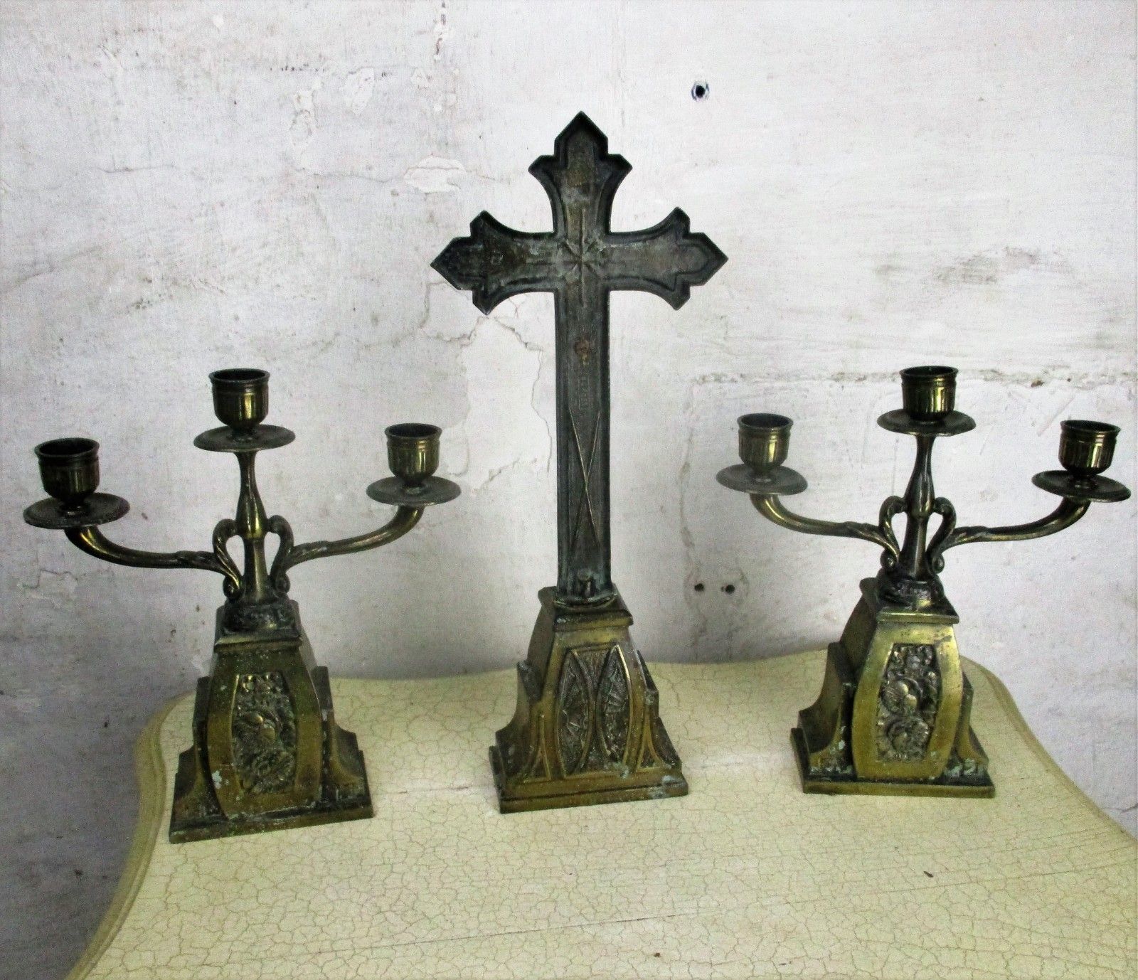Altar Set Gorgeous Standing Crucifix With Two Candelabras Ornate Embossed Brass photo buy