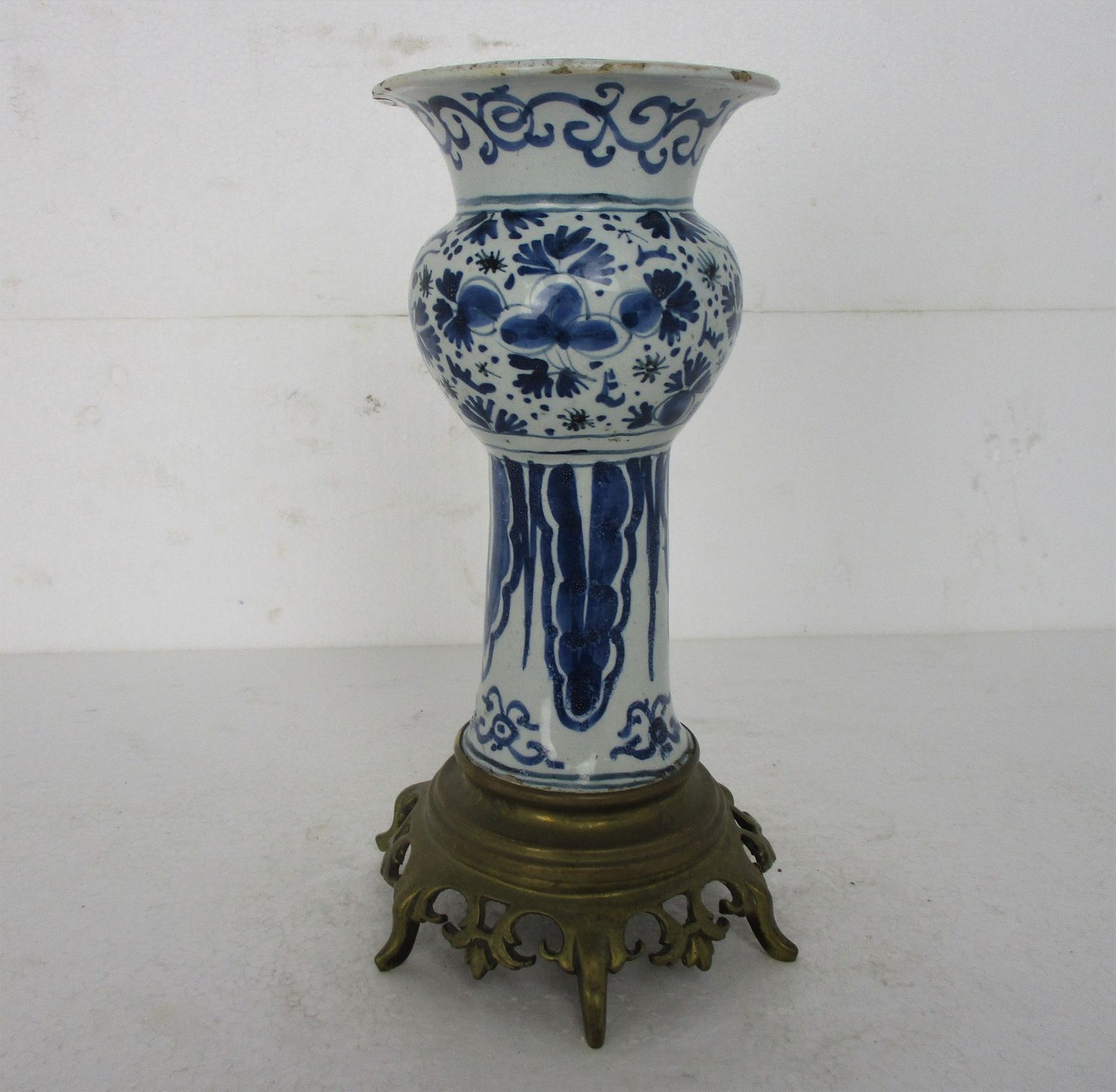 Vase Delft Holland Blue White Porcelain Brass Base Centerpiece Hand Painted Rare photo for sale