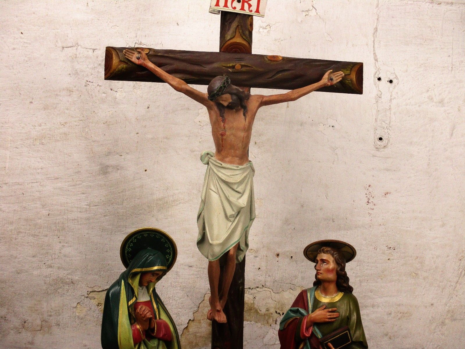 Xxl Church Quality 19th C Plaster Calvary Group Crucifix John Mary Magdalene photo for sale