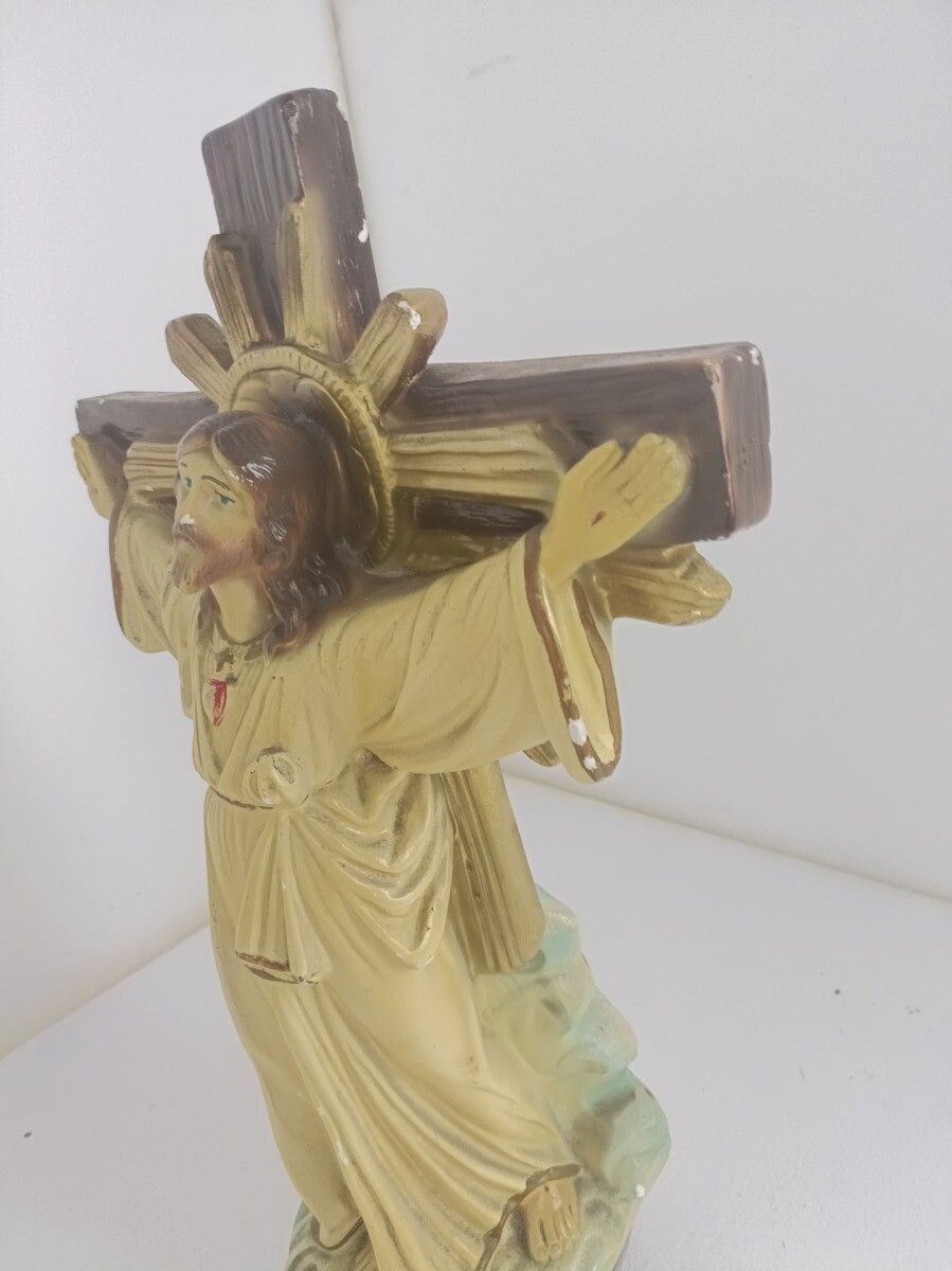 Large Antique Statue Sculpture Jesus On The Cross Crucifix Art Deco Plaster photo 323.0