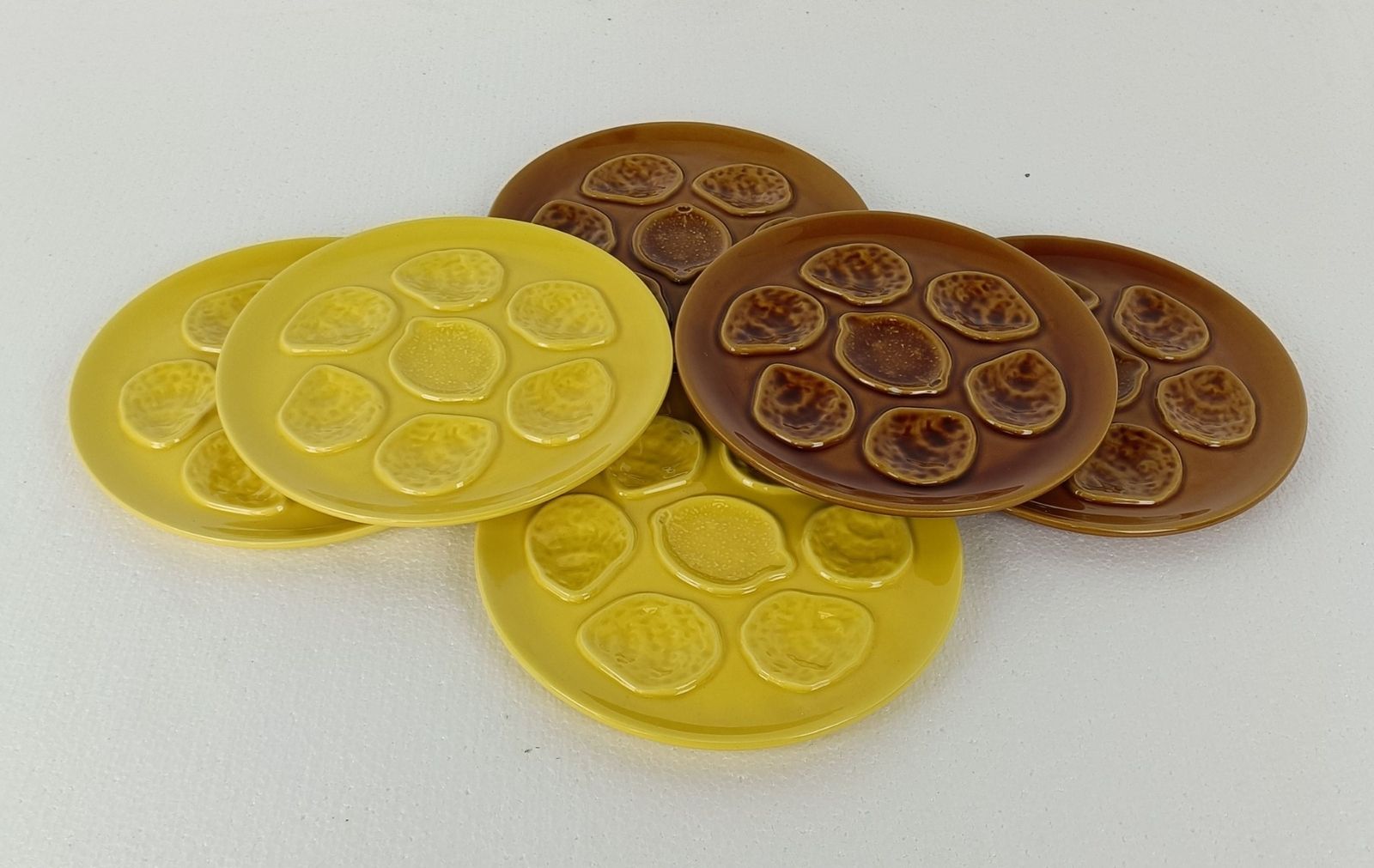 Set Of 6 French Oyster Plates Porcelain Pottery Faience Brown And Yellow  Vintag photo for sale