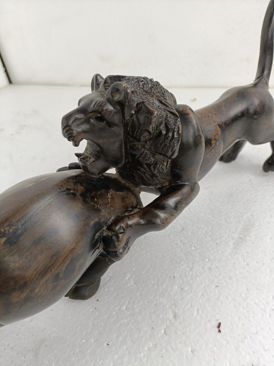 Stunning Sculpture Figurine Black Forest Hand Carved Wood Bull Lion Vintage photo Art