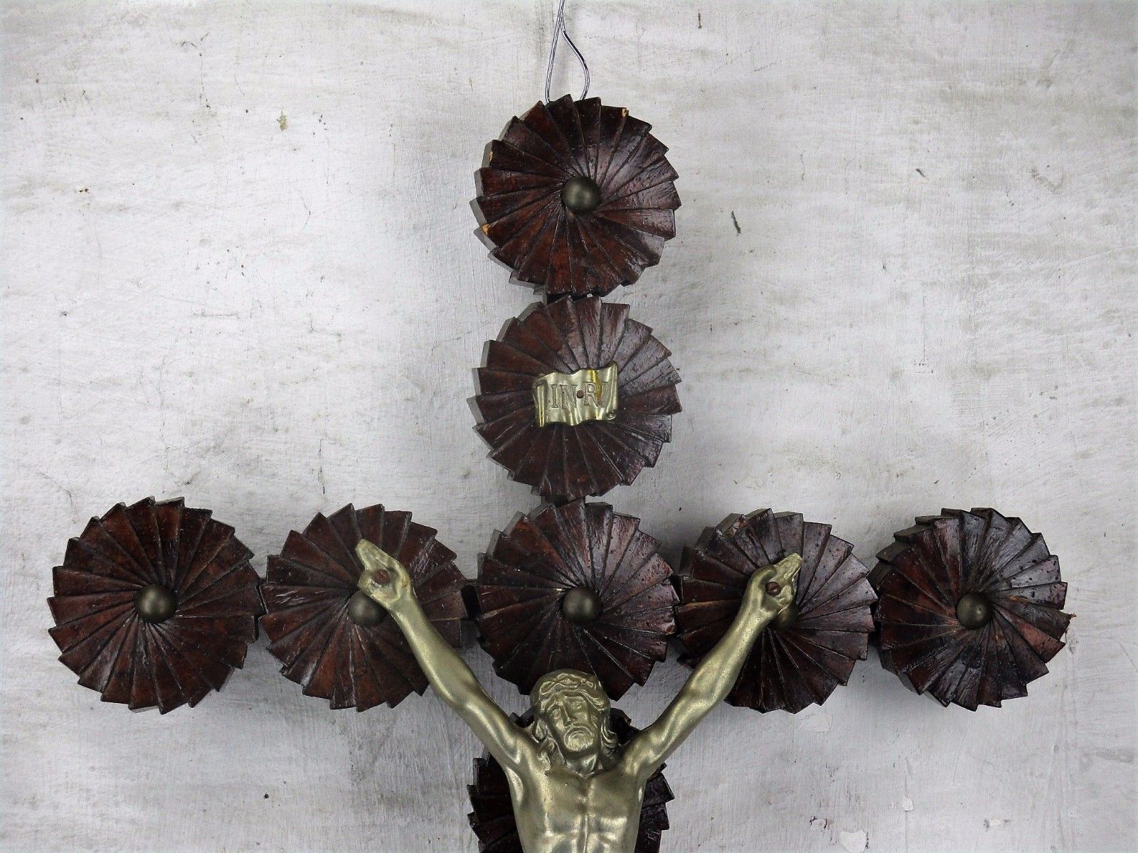Large Hanging Wooden Wall Crucifix Cross Folk Tramp Art Htf Spelter Corpus 33.4" photo furniture