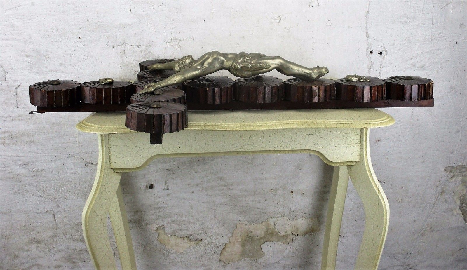 Large Hanging Wooden Wall Crucifix Cross Folk Tramp Art Htf Spelter Corpus 33.4" photo vinterior