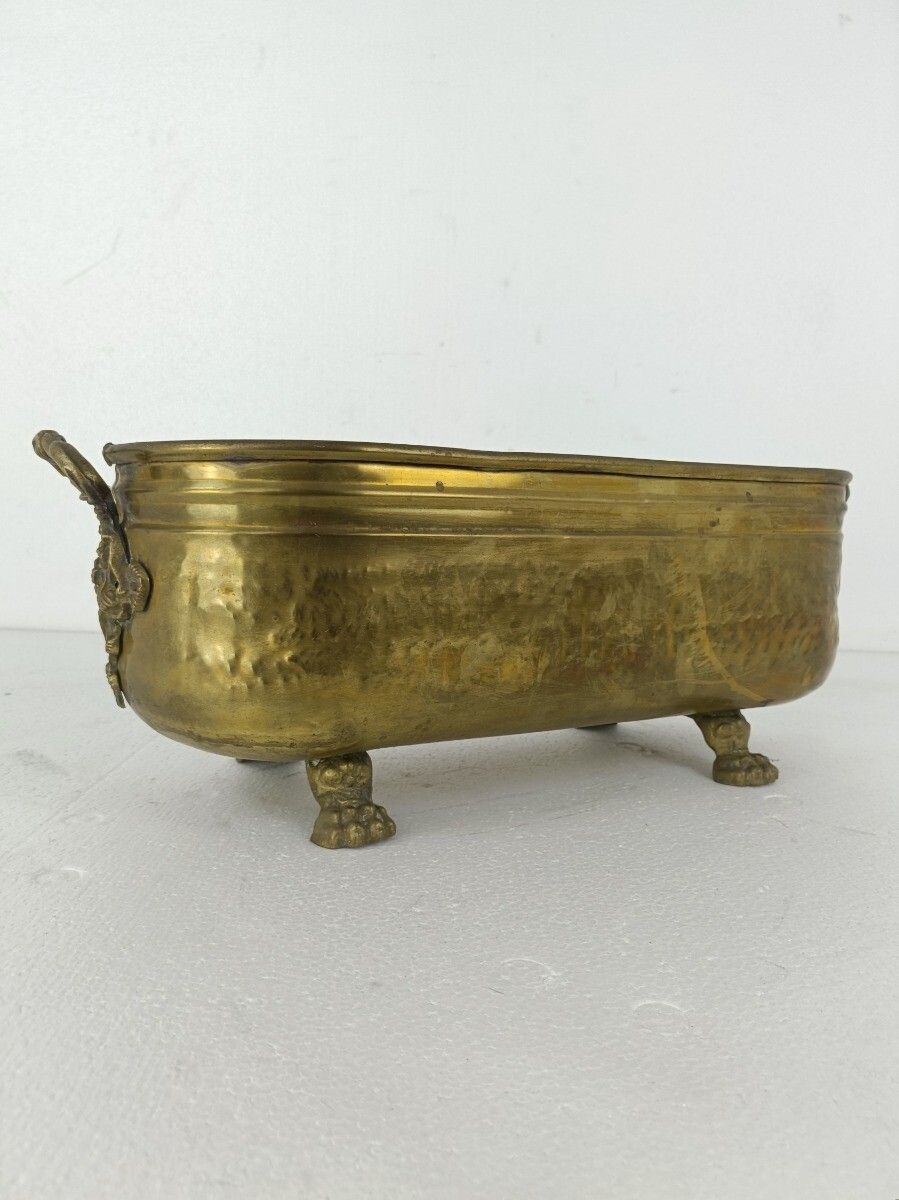 Hammered Embossed  Brass Planter Jardinière Ornate  Centerpiece  1800s Footed photo for sale