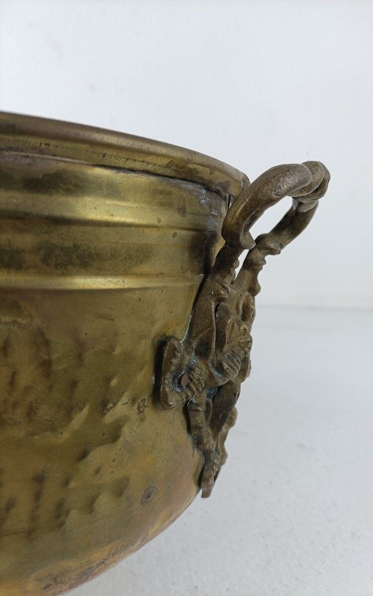 Home Decor Hammered Embossed  Brass Planter Jardinière Ornate  Centerpiece  1800s Footed photo