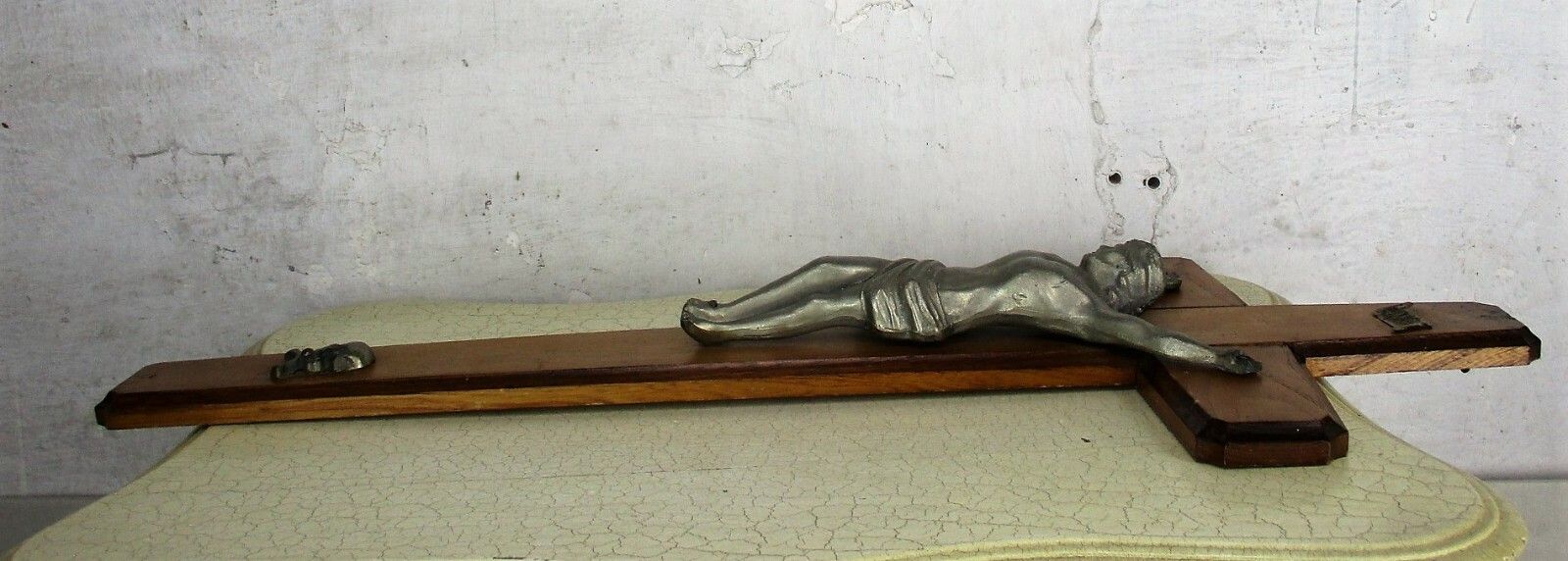 Large Hanging Crucifix Cross Jesus Christ Wood Spelter Vintage  Art Deco 29.52" photo vinterior