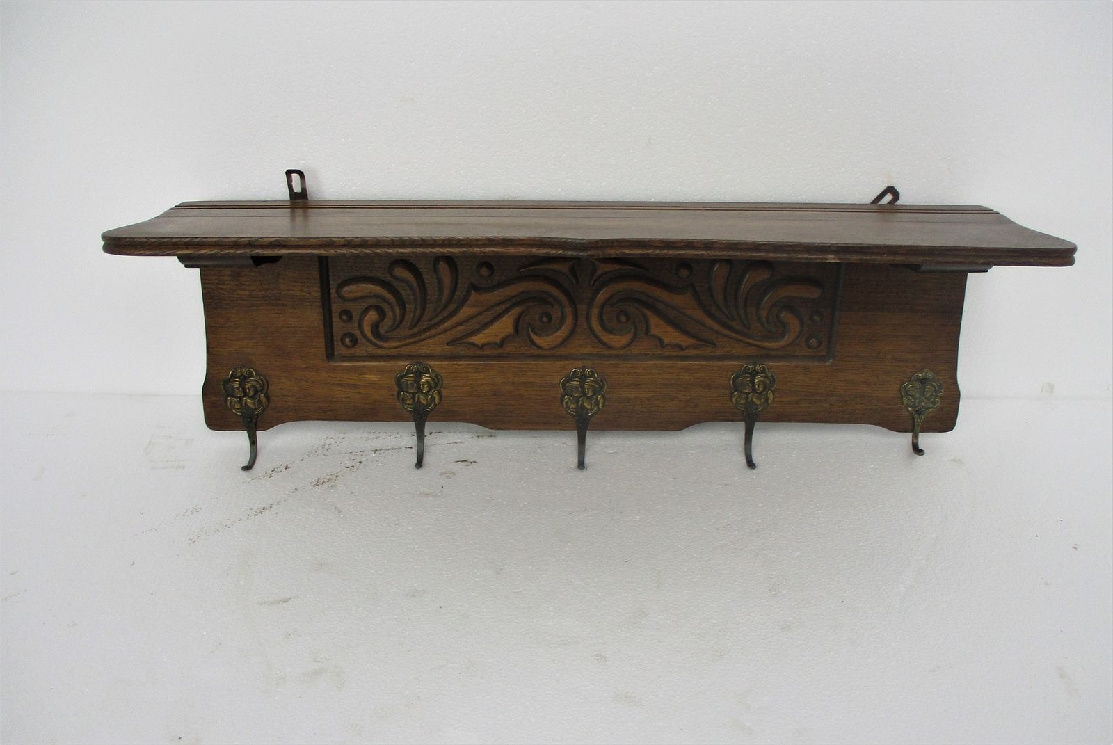 Ornate Hand Carved Wood French Oak Coat Hat Rack Mid Century Modern photo furniture
