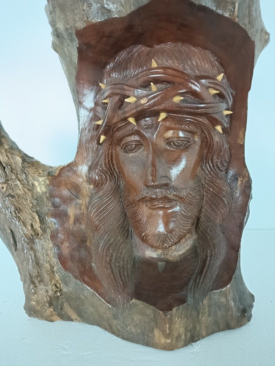 Gorgeous Sculpture Figurine Bust Jesus Christ Head Of Thorns Lackered Wood photo for sale