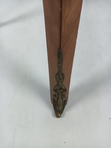 photo for sale Two Tier Marquetry Table Wood Brass Trims Over Tier Hollywood Regency Wow