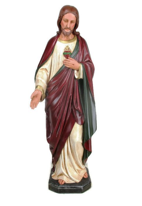 Large Antique 1900 Church Chapel Statue Jesus Christ Sacred Heart Polychrome 33"