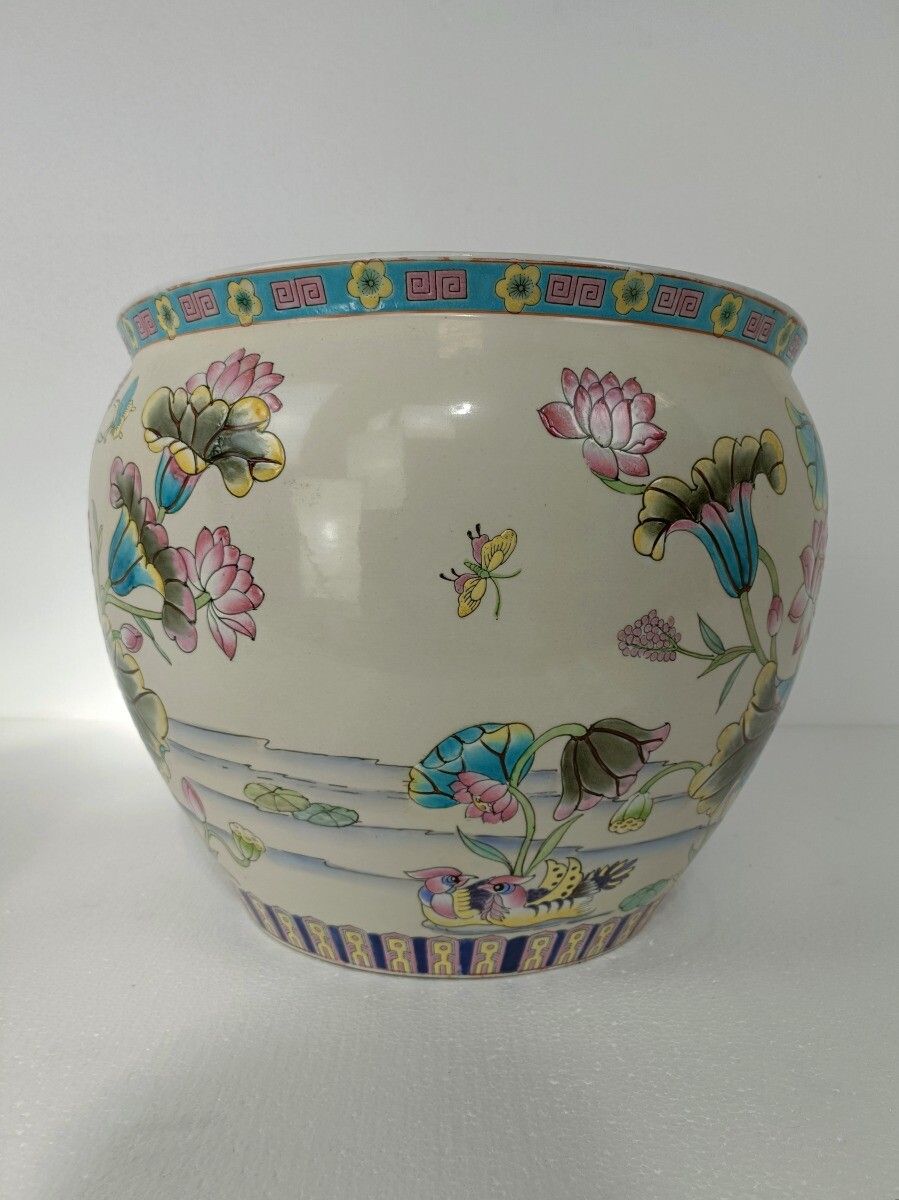 Chinese Porcelain Enamel Koi Fish Bowl Planter Vase Flowers Cachepot 10"  Vintag photo for sale