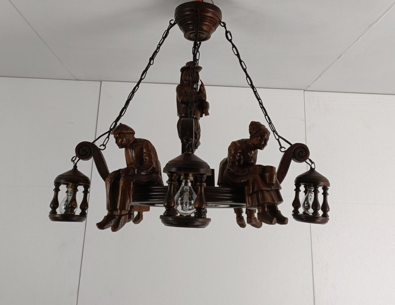 Impressive Hand Carved Wooden Chandelier Breton Signed J C Lordeux France Figuri photo Lighting