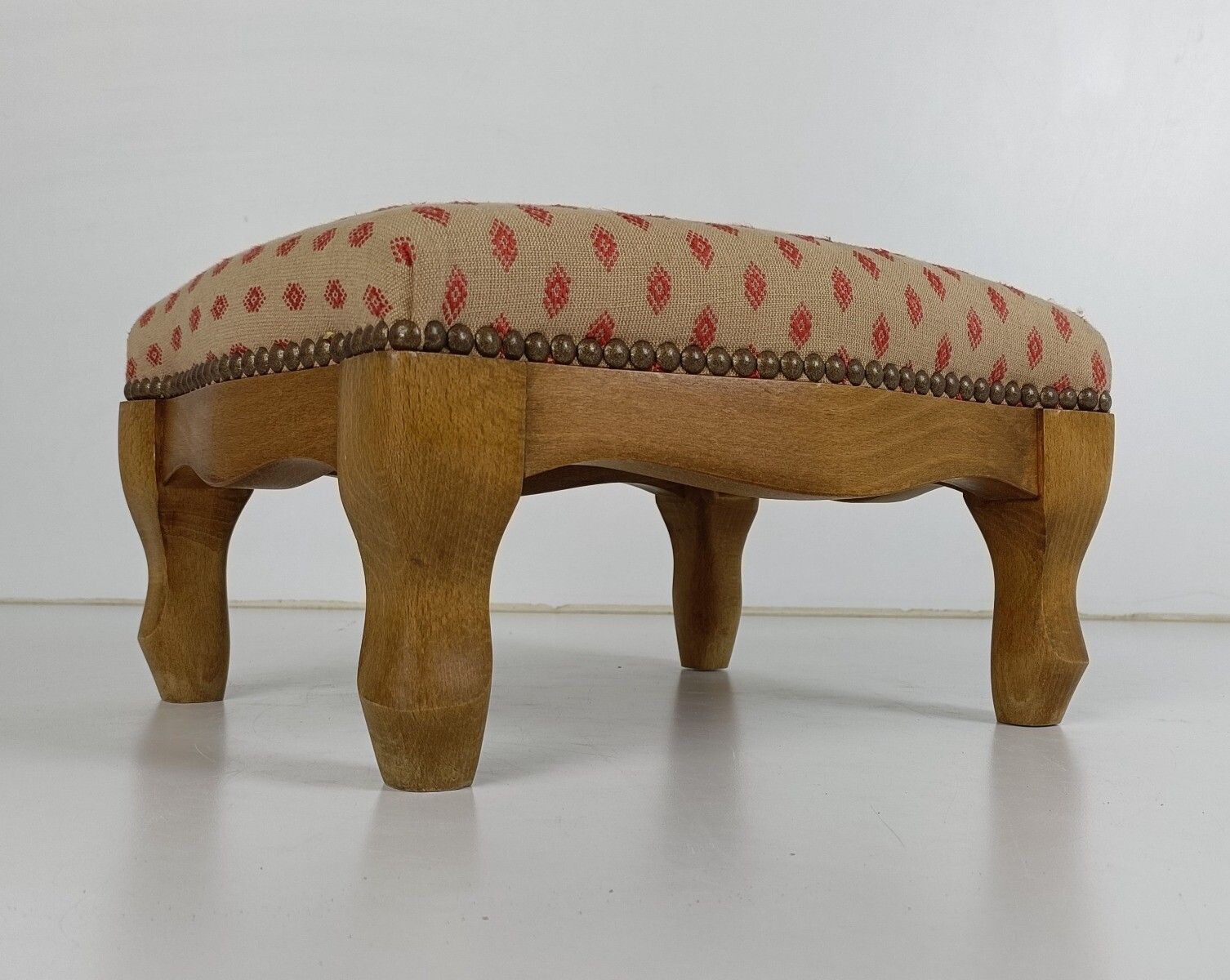 Antique Low Footstool Ottoman French Pink Fabric Louis XV Style Hobnails photo buy