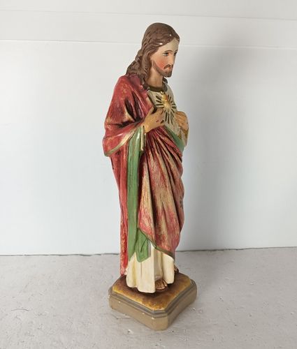 Neo Gothic Plaster Statue Jesus Christ Polychrome Holy Sacred Heart Antique photo for sale