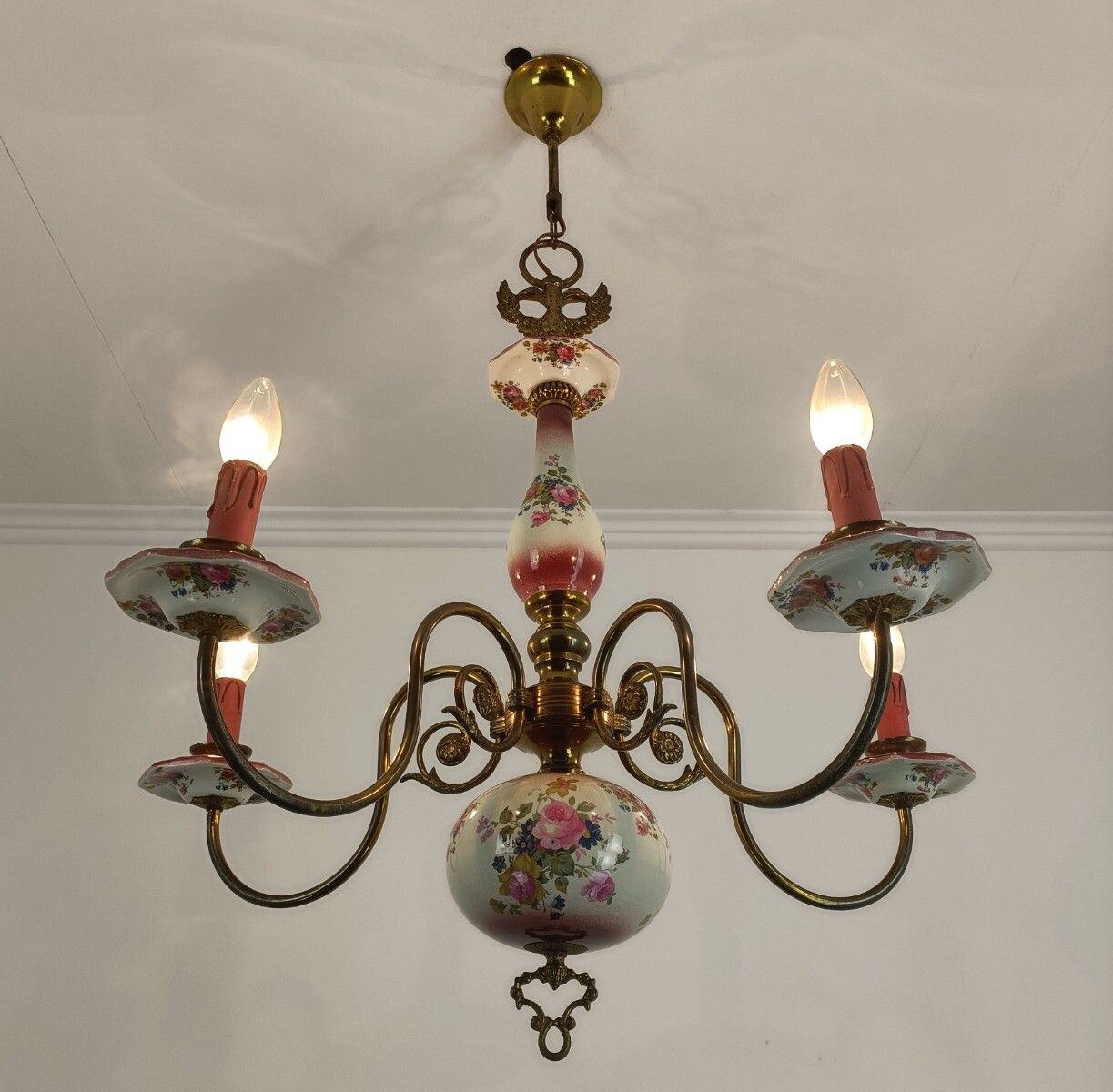 Chandelier 5 Arm Lights Brass Porcelain Flowers Italian Italy Fixture Lamp Vinta photo Lighting