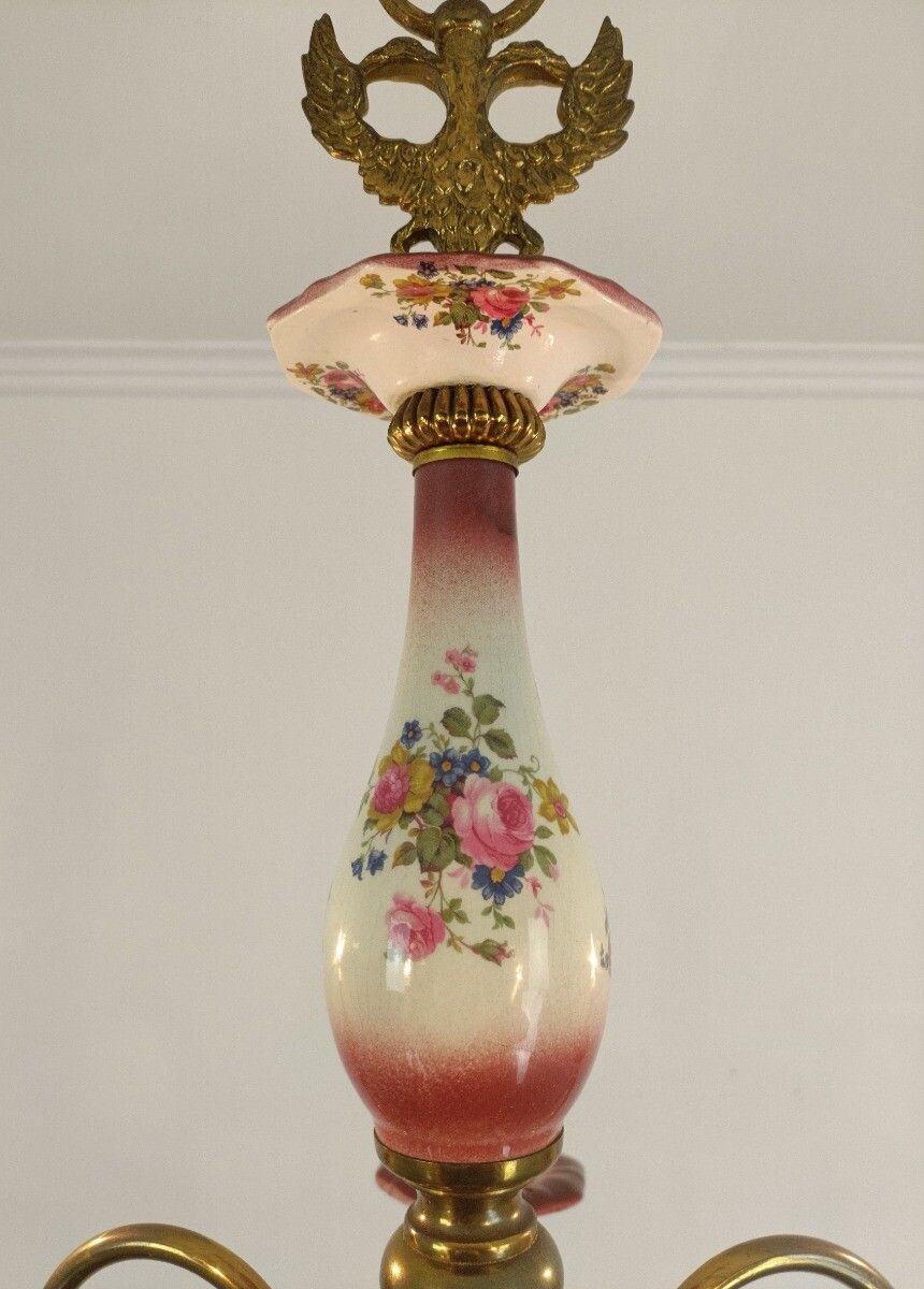 Chandelier 5 Arm Lights Brass Porcelain Flowers Italian Italy Fixture Lamp Vinta photo vinterior
