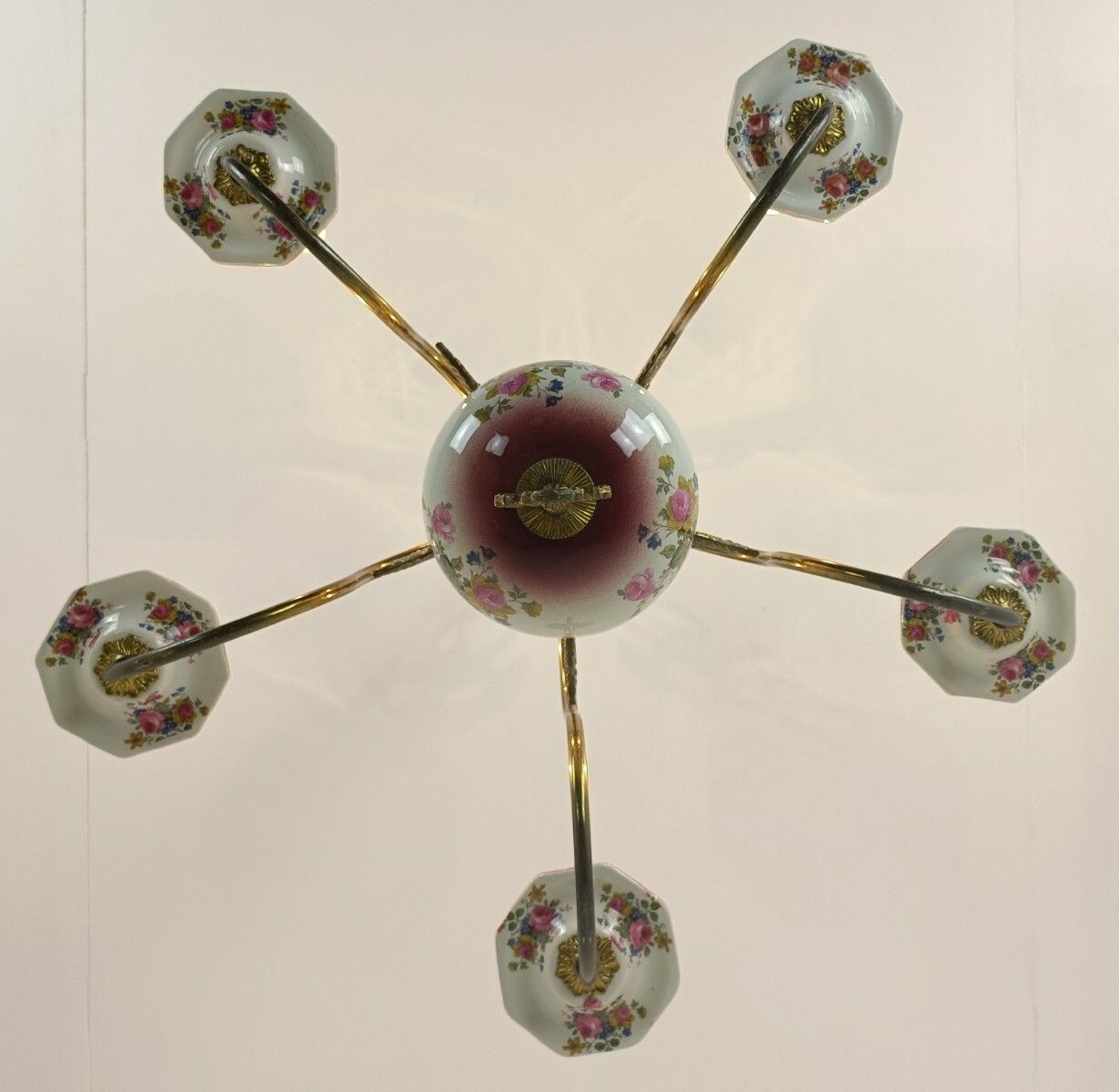 Chandelier 5 Arm Lights Brass Porcelain Flowers Italian Italy Fixture Lamp Vinta photo vintage