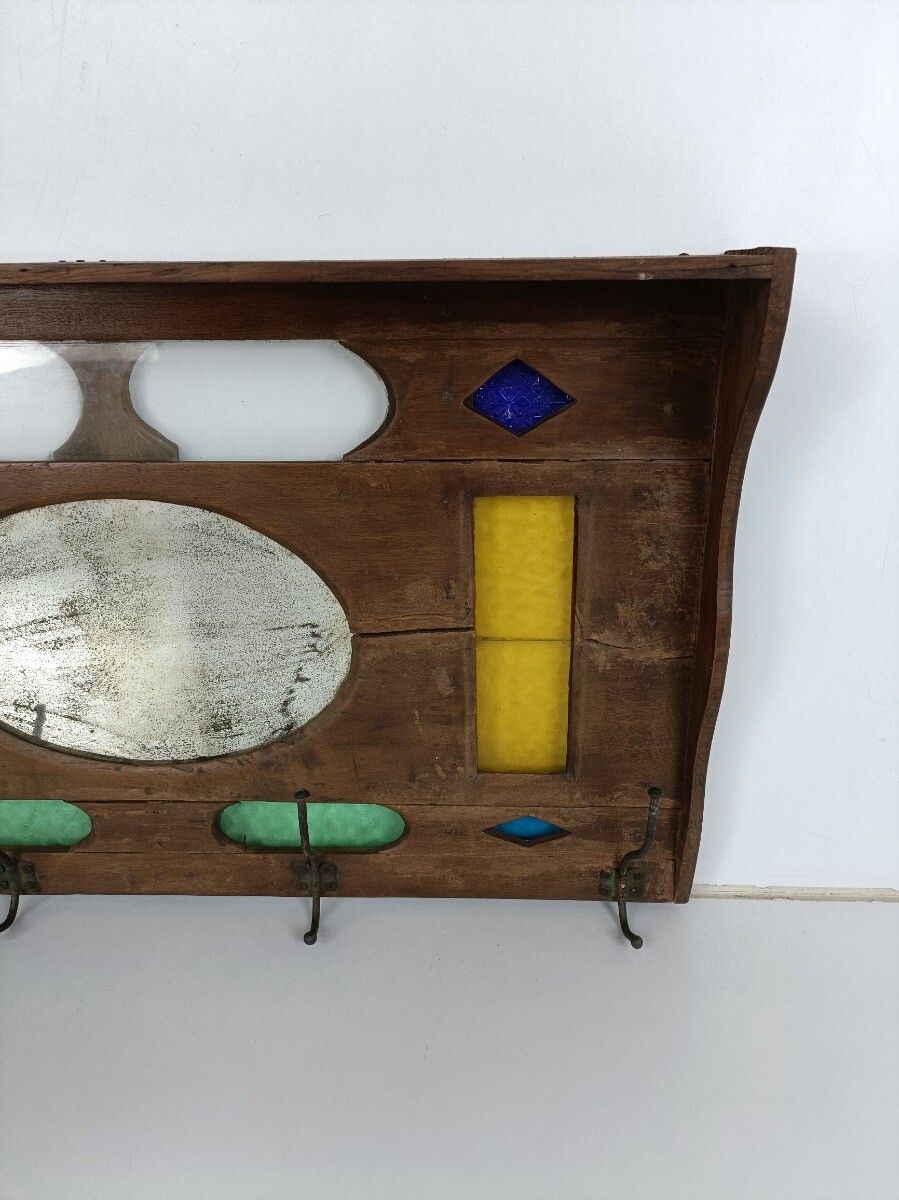 Gorgeous Antique Coat Rack Kitchen Rack Colored Art Glass Hallway photo vinterior