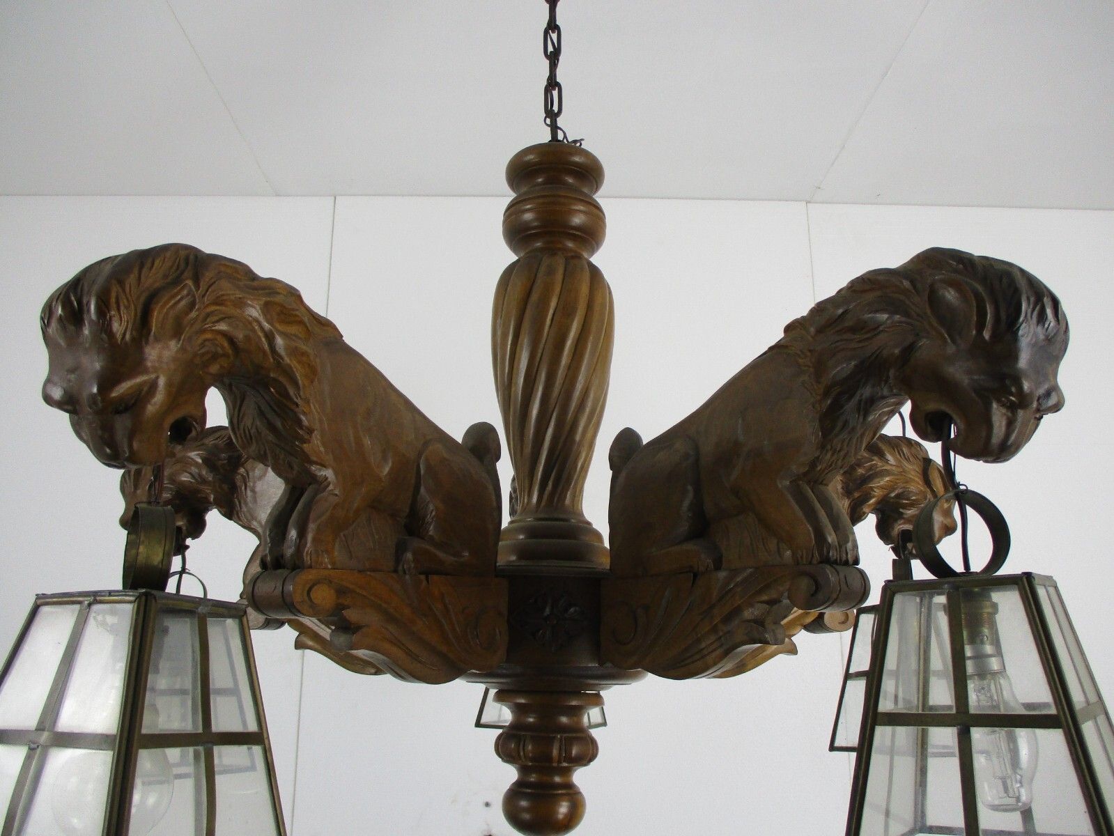 Hand Carved Wooden Chandelier  5 Arm Lights Barn Country Lion Heads Wow photo vintage