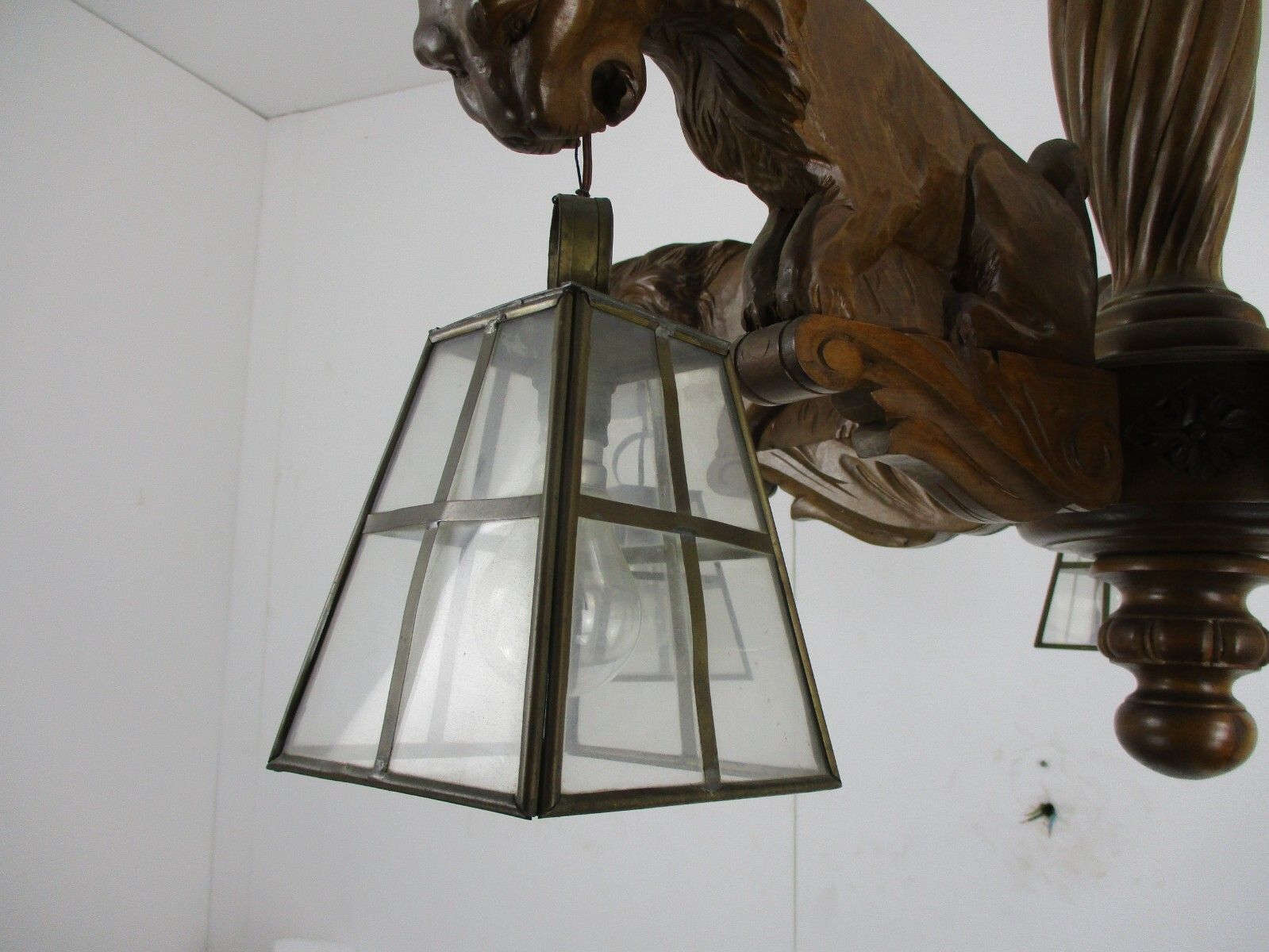 photo for sale Hand Carved Wooden Chandelier  5 Arm Lights Barn Country Lion Heads Wow