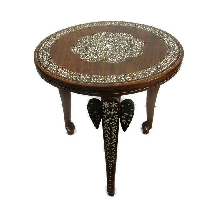 Asian Style Side Occasional Coffee Tea Table Ornate Elephant Legs Inlay Wood