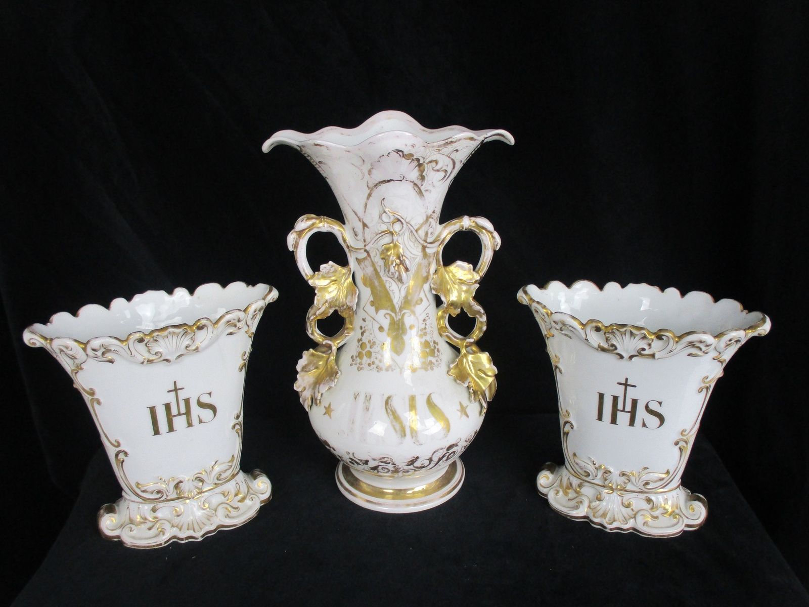 Xl Set Of 3 Antique Porcelain Fan Flair Vases Centerpiece Church Chapel photo furniture