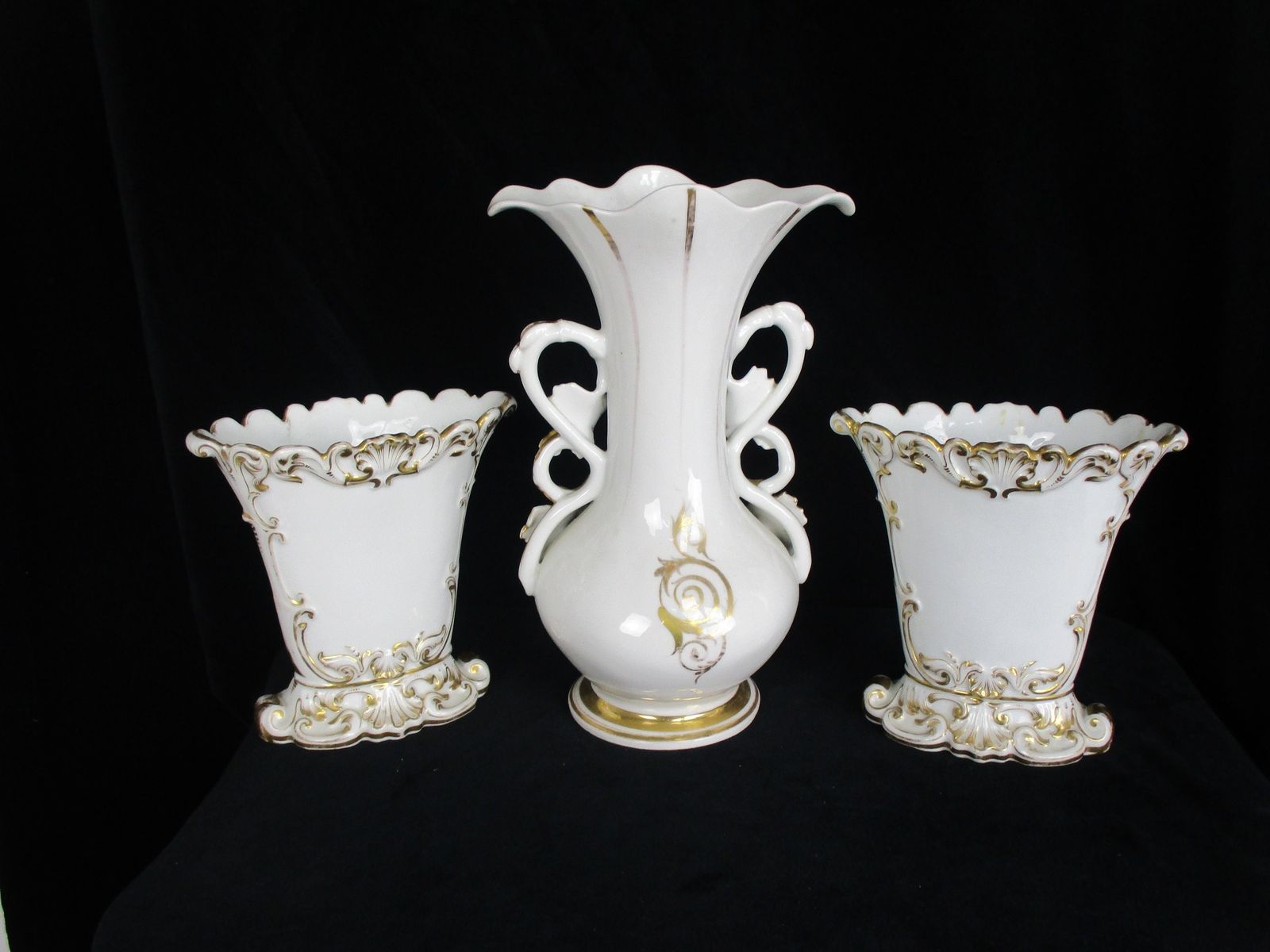 Xl Set Of 3 Antique Porcelain Fan Flair Vases Centerpiece Church Chapel photo Home Decor