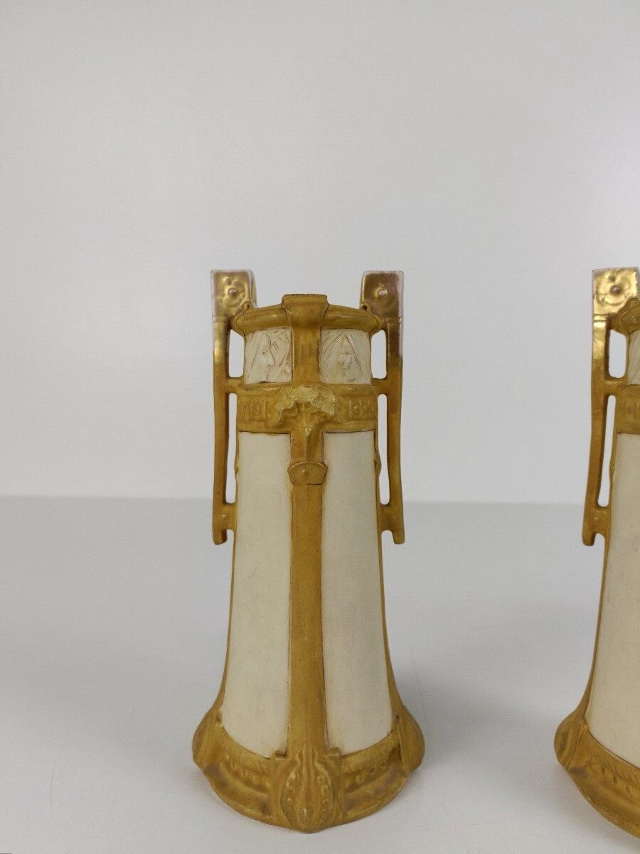 Royal Dux, Pair Vases Bisque, Faience, Art Nouveau  1900 Antique Bohemia Austria photo 244.0