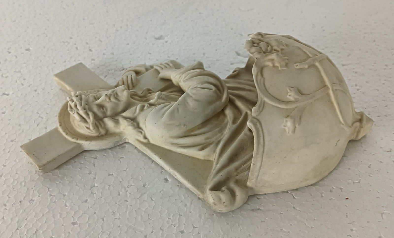 Antique Holy Water Font Vessel  Bisque Porcelain Jesus Christ Carrying Cross Cru photo Home Decor