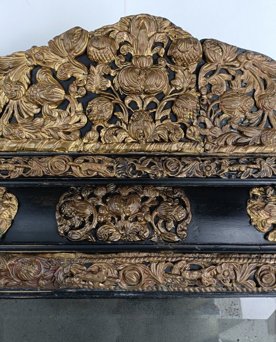 Large French Mirror Brass Ornate Trims Flowers Animals Wooden Frame 1700s Antiqu photo for sale
