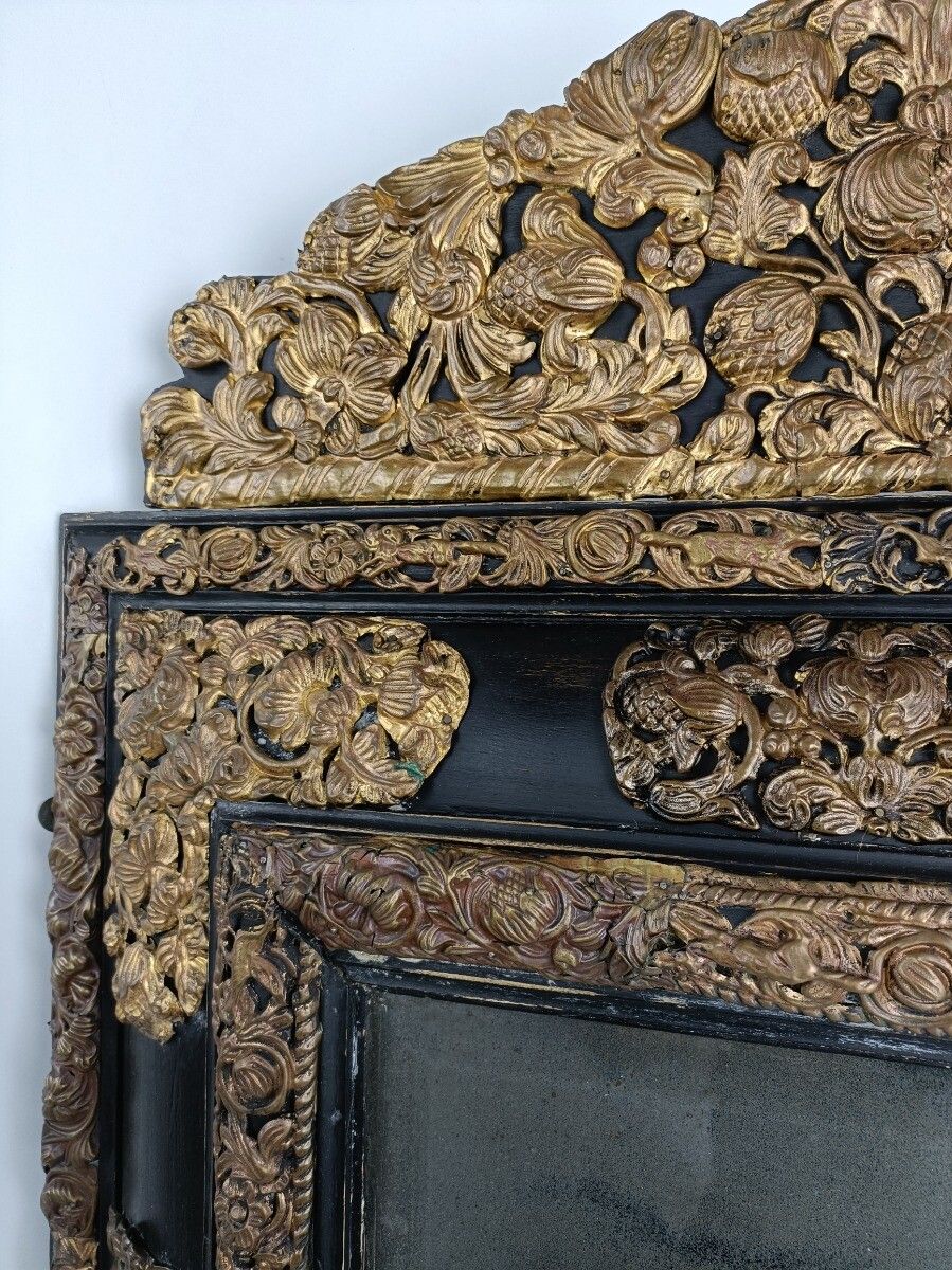 Large French Mirror Brass Ornate Trims Flowers Animals Wooden Frame 1700s Antiqu photo 2264.0