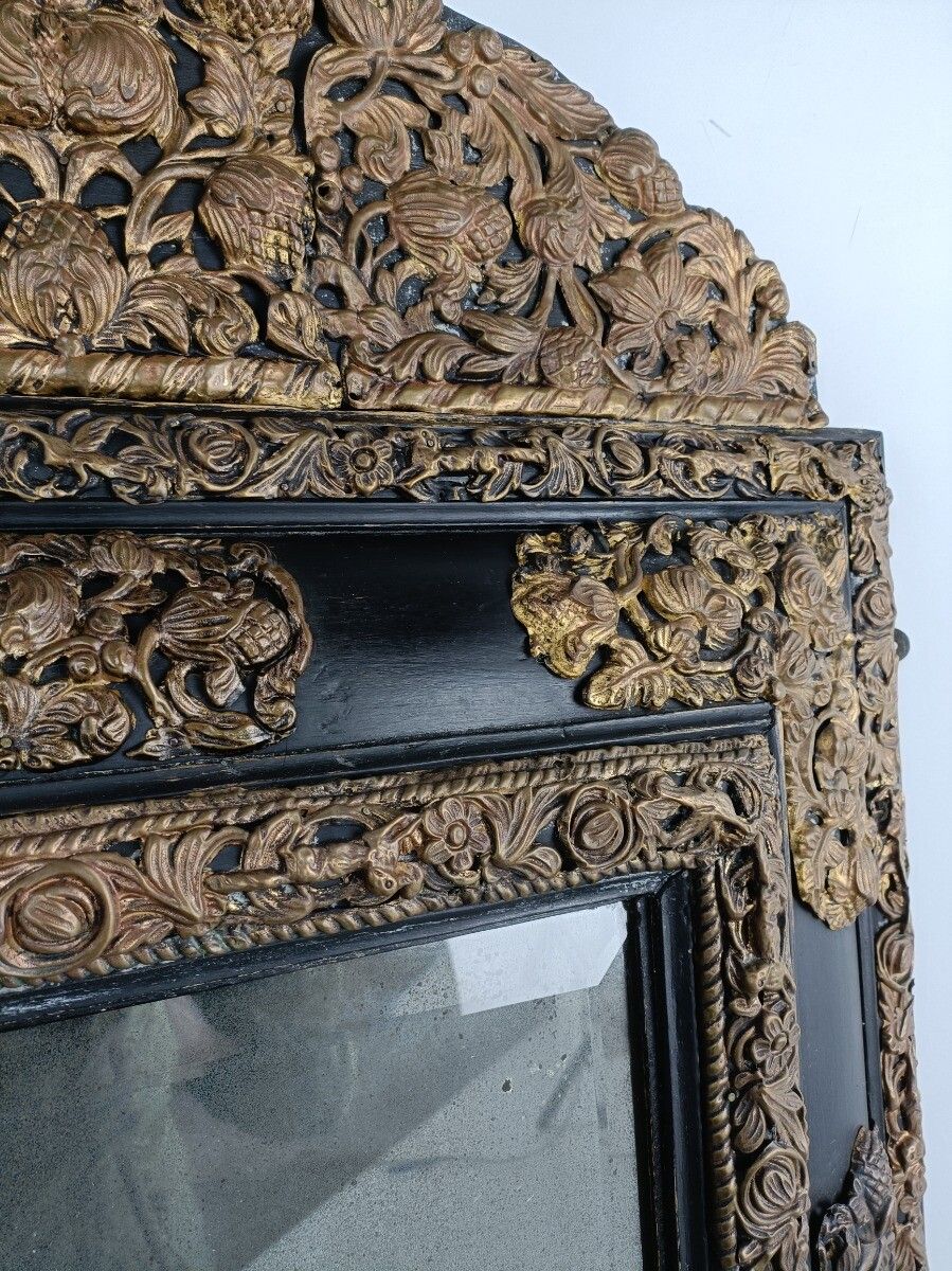 Large French Mirror Brass Ornate Trims Flowers Animals Wooden Frame 1700s Antiqu photo vinterior