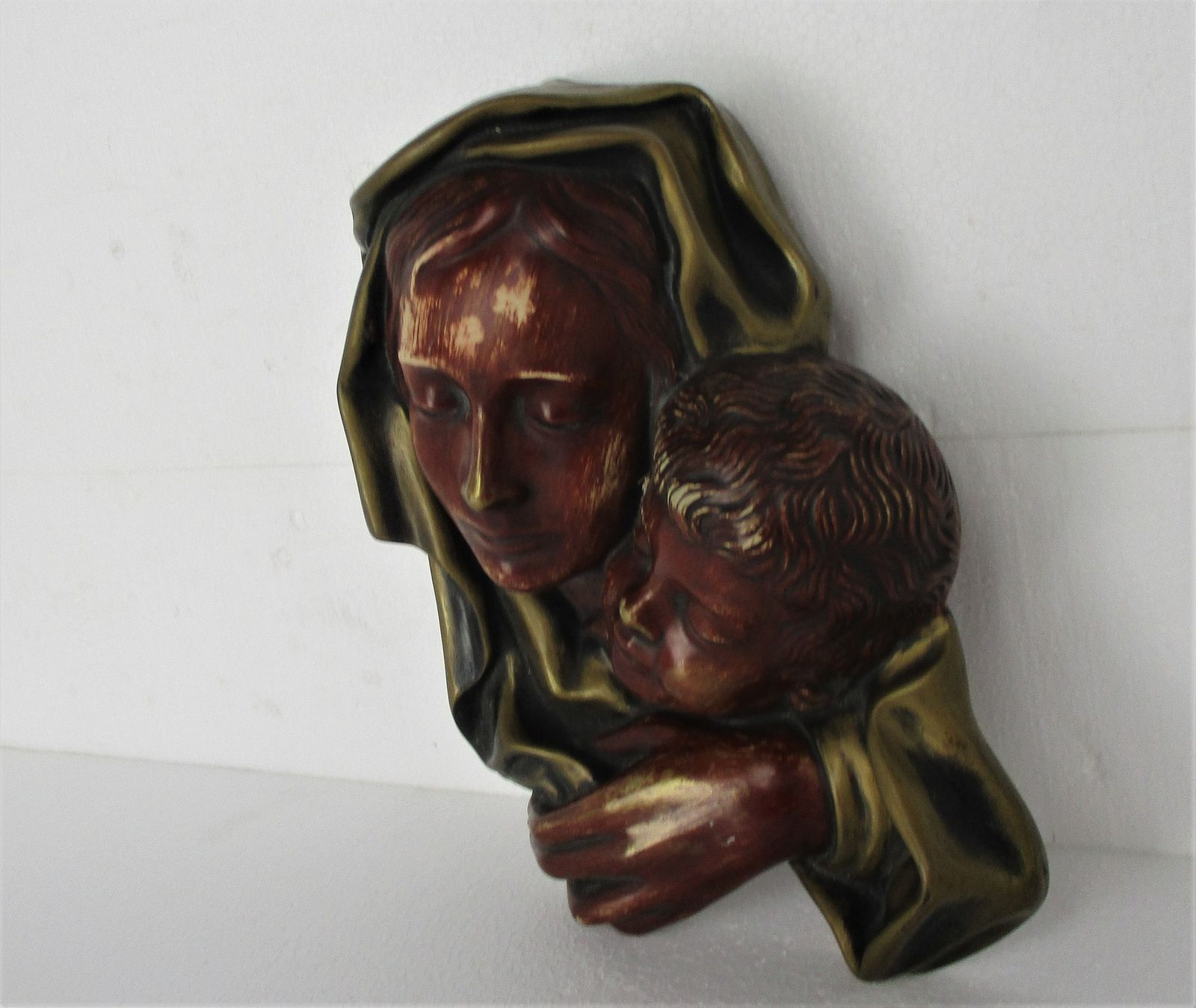 Wall Plaque Virgin Mary Madonna Holy Mother Infant Jesus Polychrome Terra Cotta photo Art