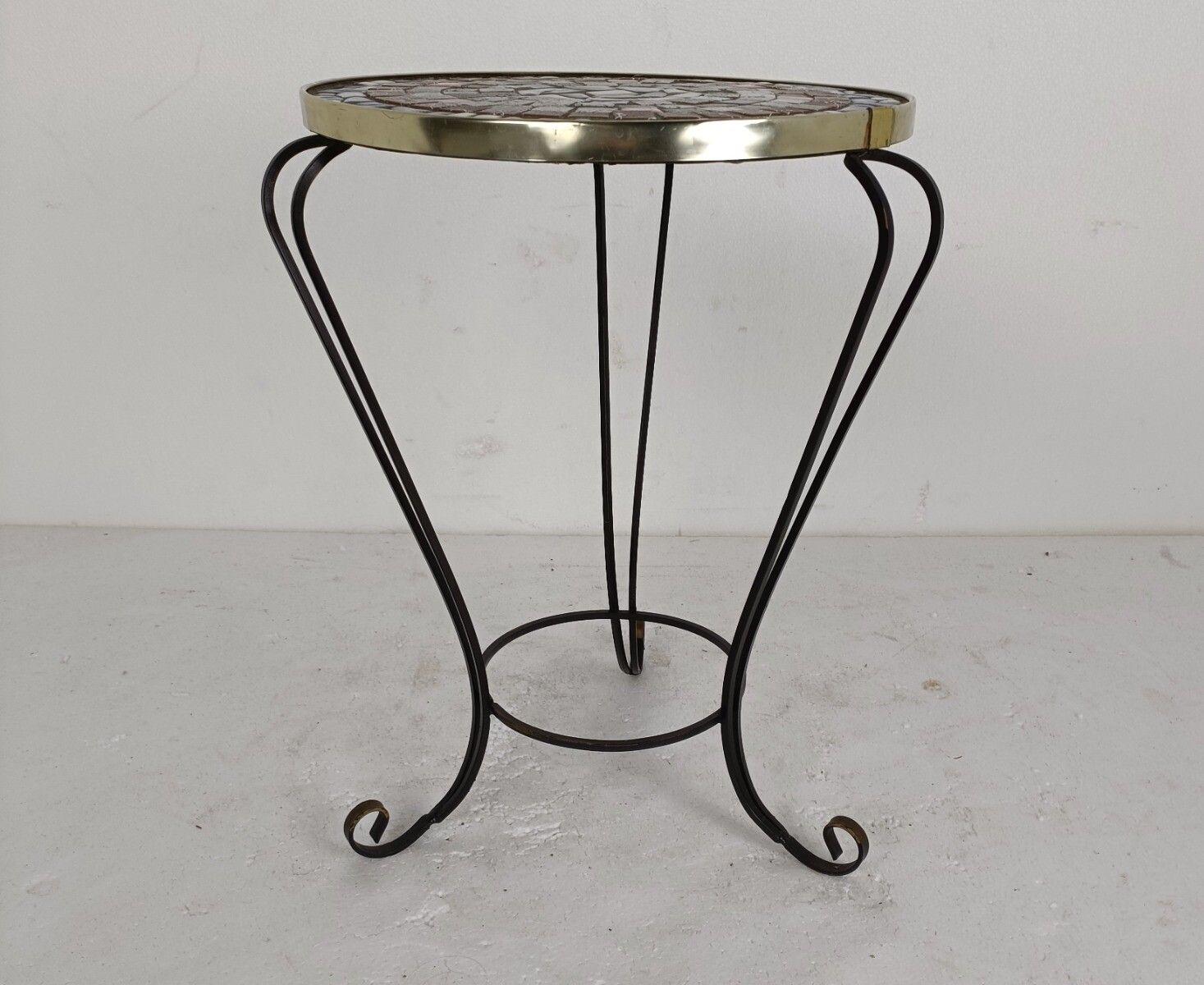 Side Round Table Plant Stand Ceramic Tiles  Mosaic Wrought Iron Legs Lovely Vint photo furniture