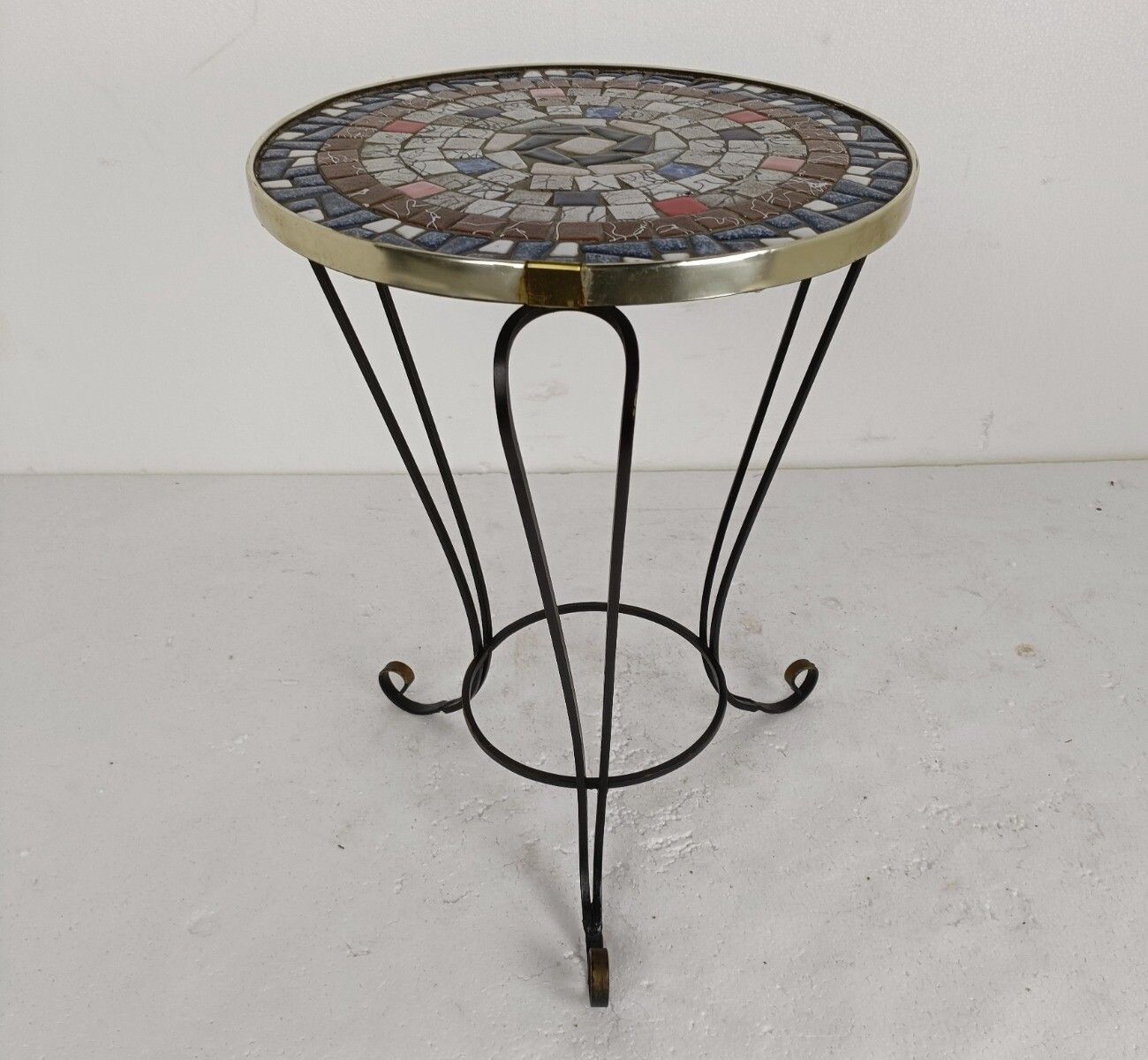 Side Round Table Plant Stand Ceramic Tiles  Mosaic Wrought Iron Legs Lovely Vint photo Furniture